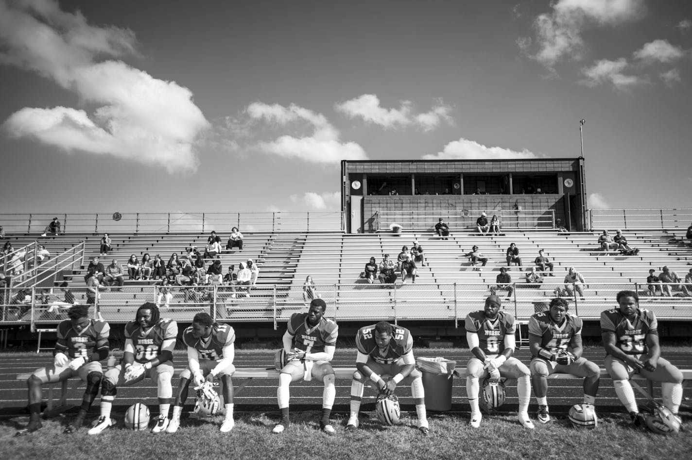 Mesabi Range defensive players sat on the bench during a late September game against 0-4 Vermillion which Mesabi lost 9-17. At kickoff, there were just over 30 attendees with many coming from Ely to watch Vermillion play. ] Aaron Lavinsky &#x2022; aaron.lavinsky@startribune.com Photos to accompany a story on the Mesabi Range College Football team in Virginia, Minnesota. The team, which consists mostly of black athletes recruited from around the country, struggles to find its place in mostly-whit