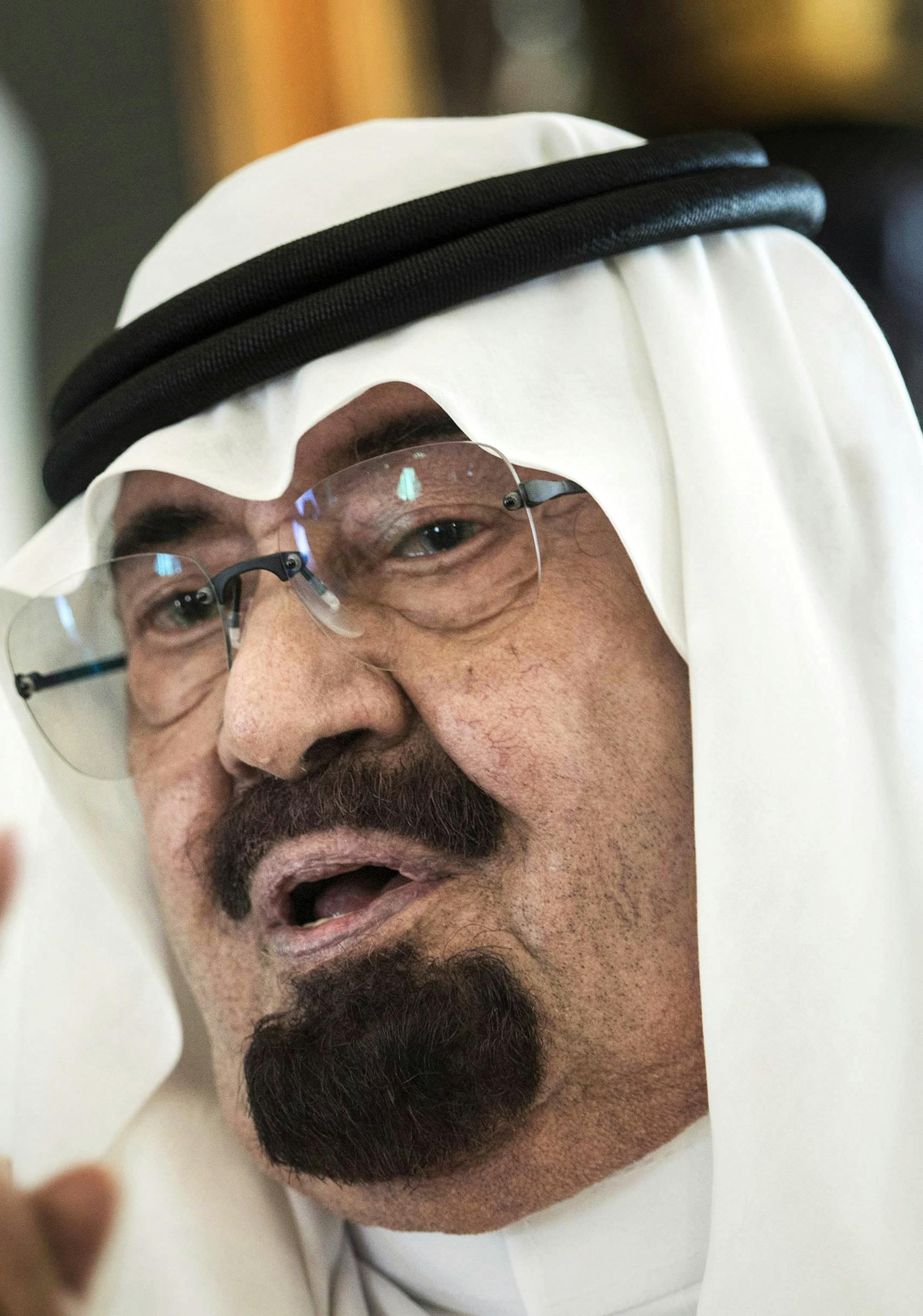 FILE - In this Friday, June 27, 2014 file photo, Saudi King Abdullah speaks before a meeting with U.S. Secretary of State John Kerry at his private residence in the Red Sea city of in Jiddah, Saudi Arabia. On early Friday, Jan. 23, 2015, Saudi state TV reported King Abdullah died at the age of 90. (AP Photo/Brendan Smialowski, Pool, File)