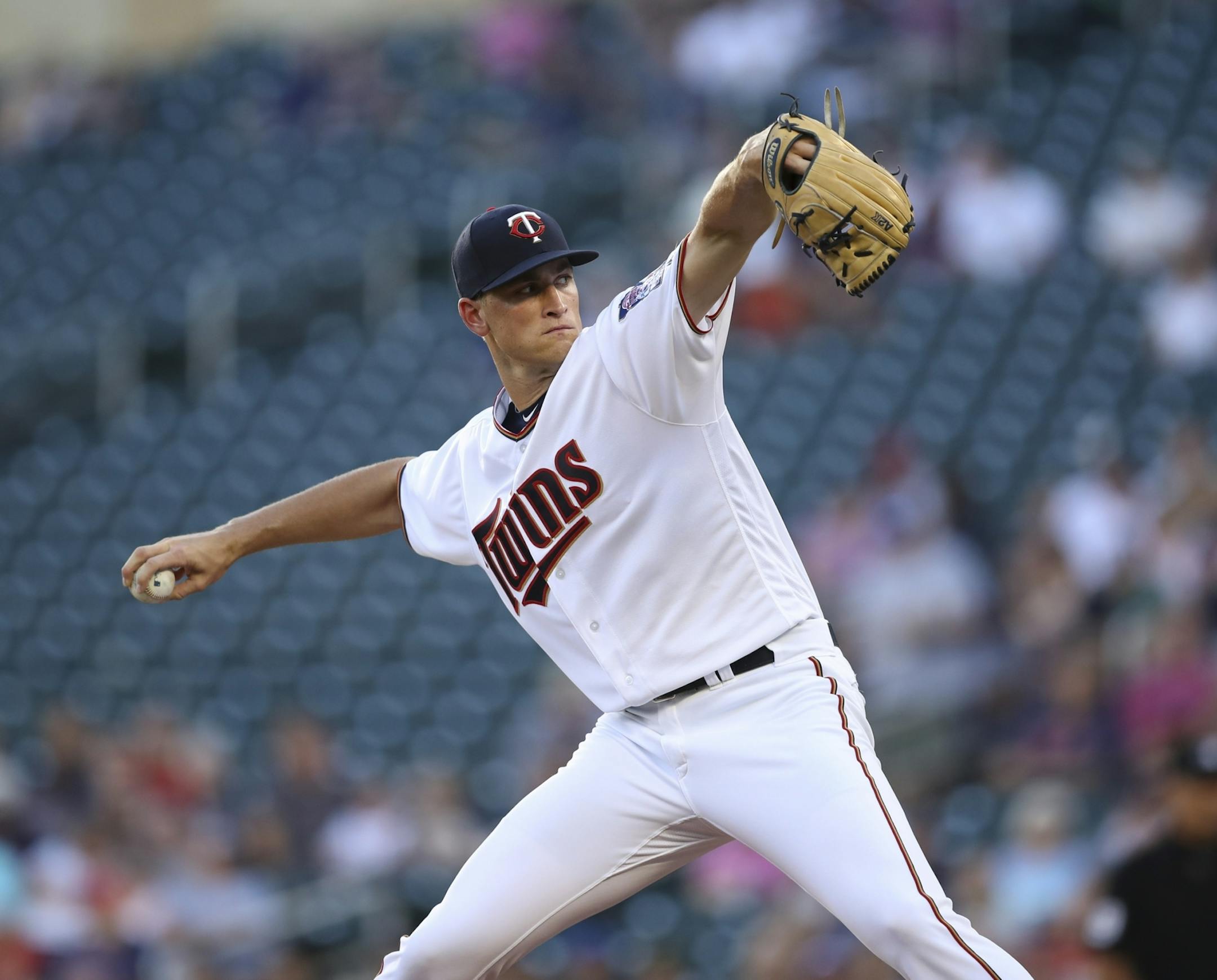 Minnesota Twins starting pitcher Aaron Slegers throwing against Baltimore in the first inning.