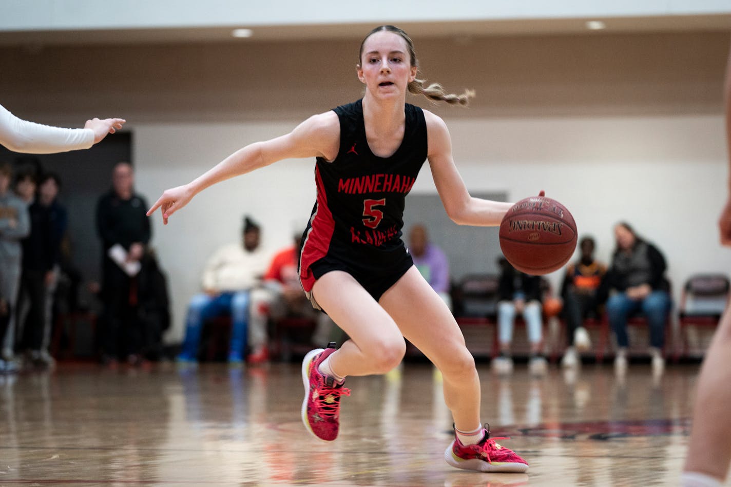 Minnehaha Academy High School guard Addi Mack brings the ball down the court in the class 2A game against Providence Academy, ranked No. 1 at Minnehaha Academy High School, ranked No. 2, in Minneapolis, Minn. on Friday, Jan. 19, 2024.    ] Angelina Katsanis • angelina.katsanis@startribune.com