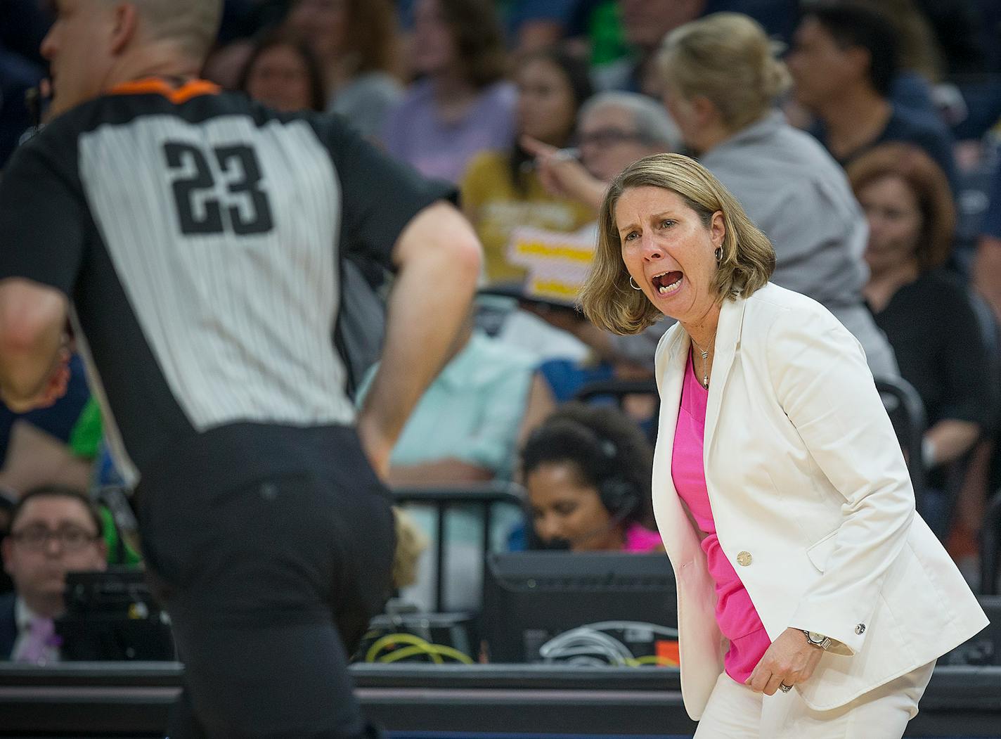 Minnesota Lynx Head Coach Cheryl Reeve was disgusted by a call during the third period as the Minnesota Lynx took on the Seattle Storm, at Target Center, Sunday, August 12, 2018.