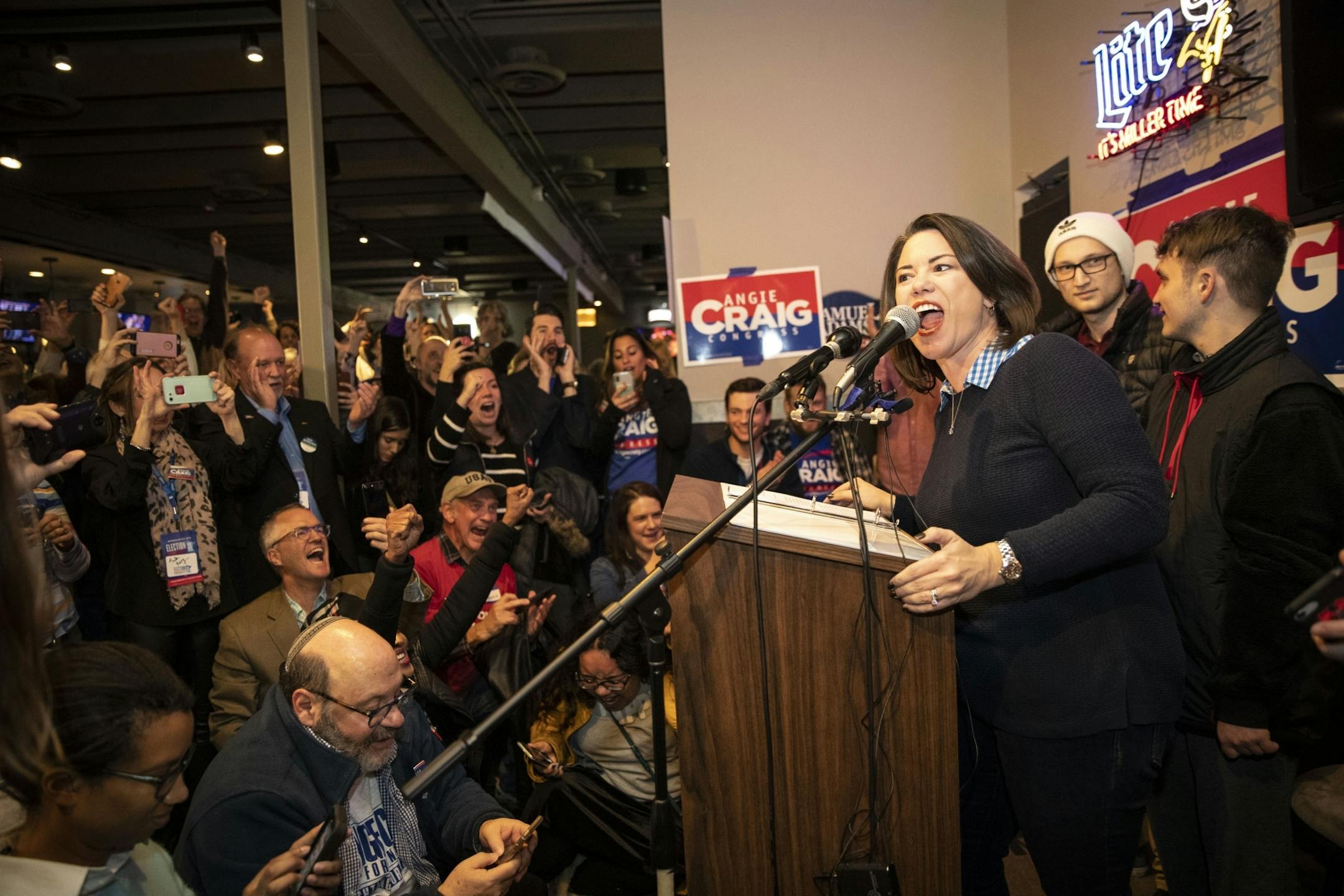 Angie Craig spoke to supporters after winning the 2nd congressional district on Tuesday, November 6, 2018, at an election party for her at the Lone Oak Grill in Eagan, Minn.
