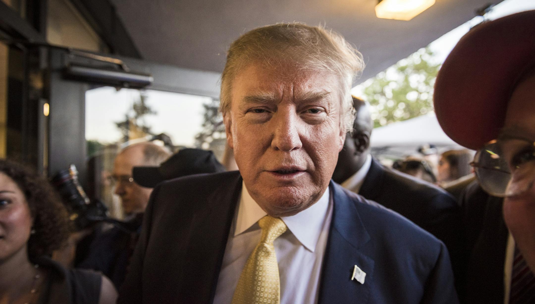 Donald Trump arrives for a campaign event in Rochester, N.H., Sept. 17, 2015. Trump boasted that he had won Wednesday&#x2019;s debate and noted that he was ahead of rivals like Carly Fiorina &#x2014; and smiled as his crowd booed her name. (Ian Thomas Jansen-Lonnquist/The New York Times)