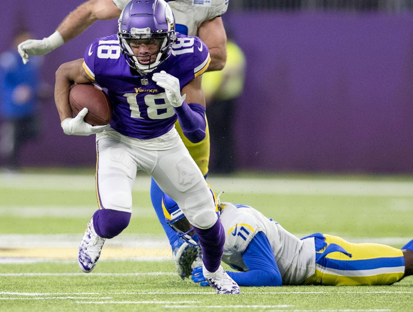 Minnesota Vikings receiver Justin Jefferson (18) in a game late last season.