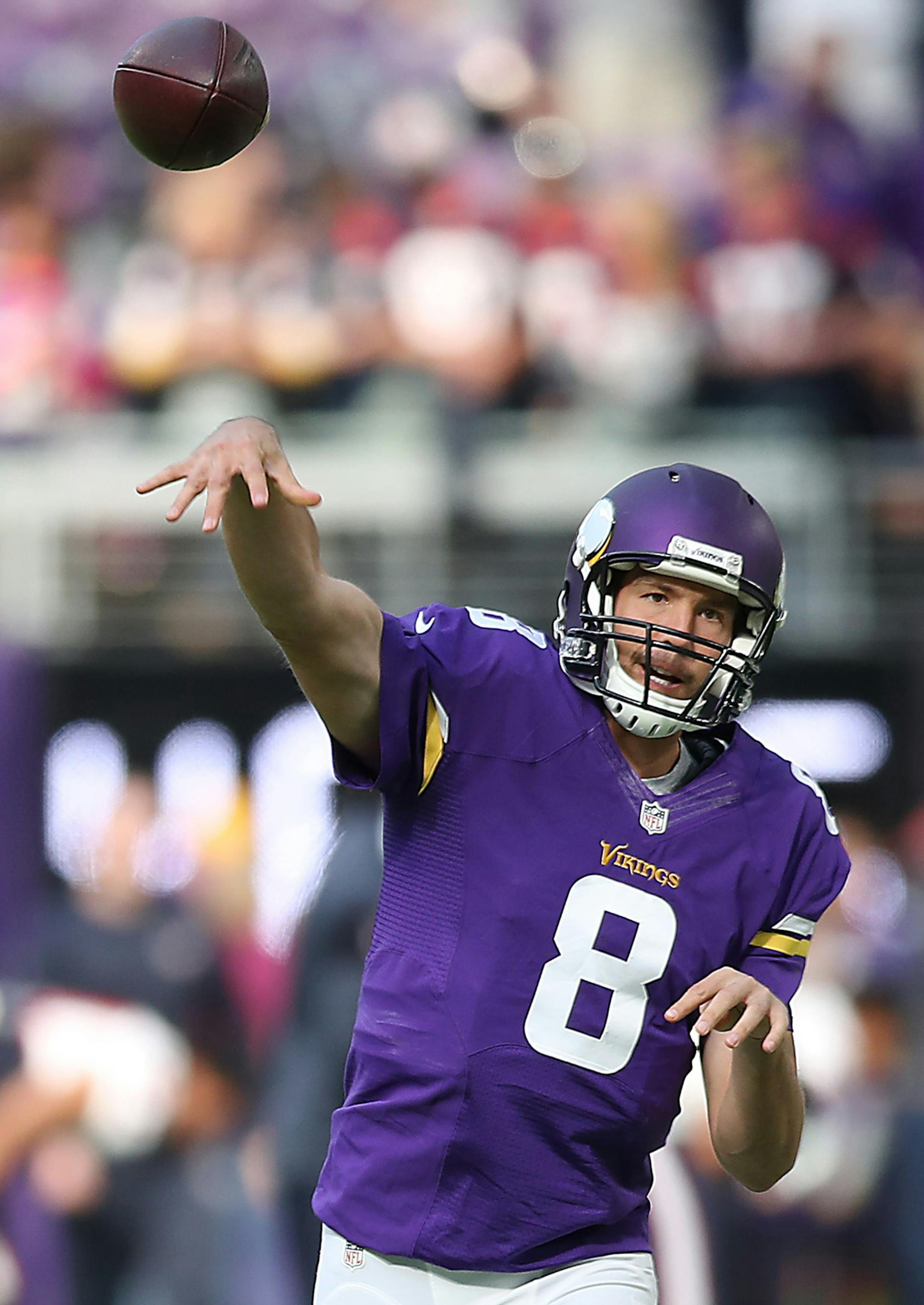 Minnesota Vikings quarterback Sam Bradford warms up before facing the Houston Texans on Sunday, Oct. 9, 2016 at U.S. Bank Stadium in Minneapolis, Minn. (Elizabeth Flores/Minneapolis Star Tribune/TNS) ORG XMIT: 1191369 ORG XMIT: MIN1610091508440221