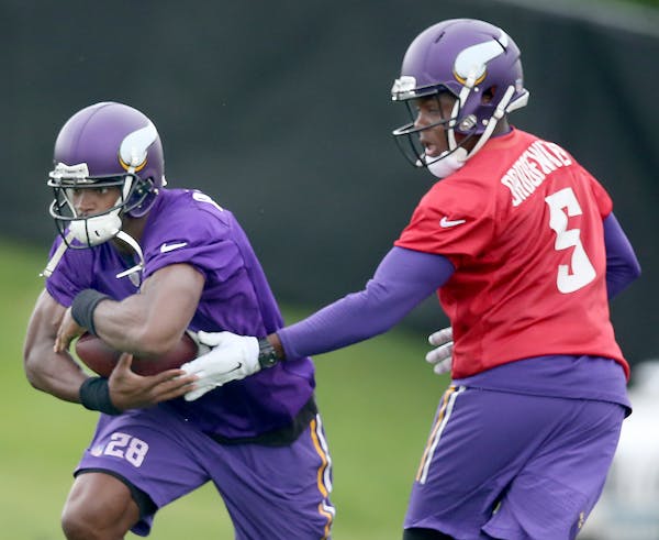 Teddy Bridgewater and Adrian Peterson during the June minicamp at Winter Park.