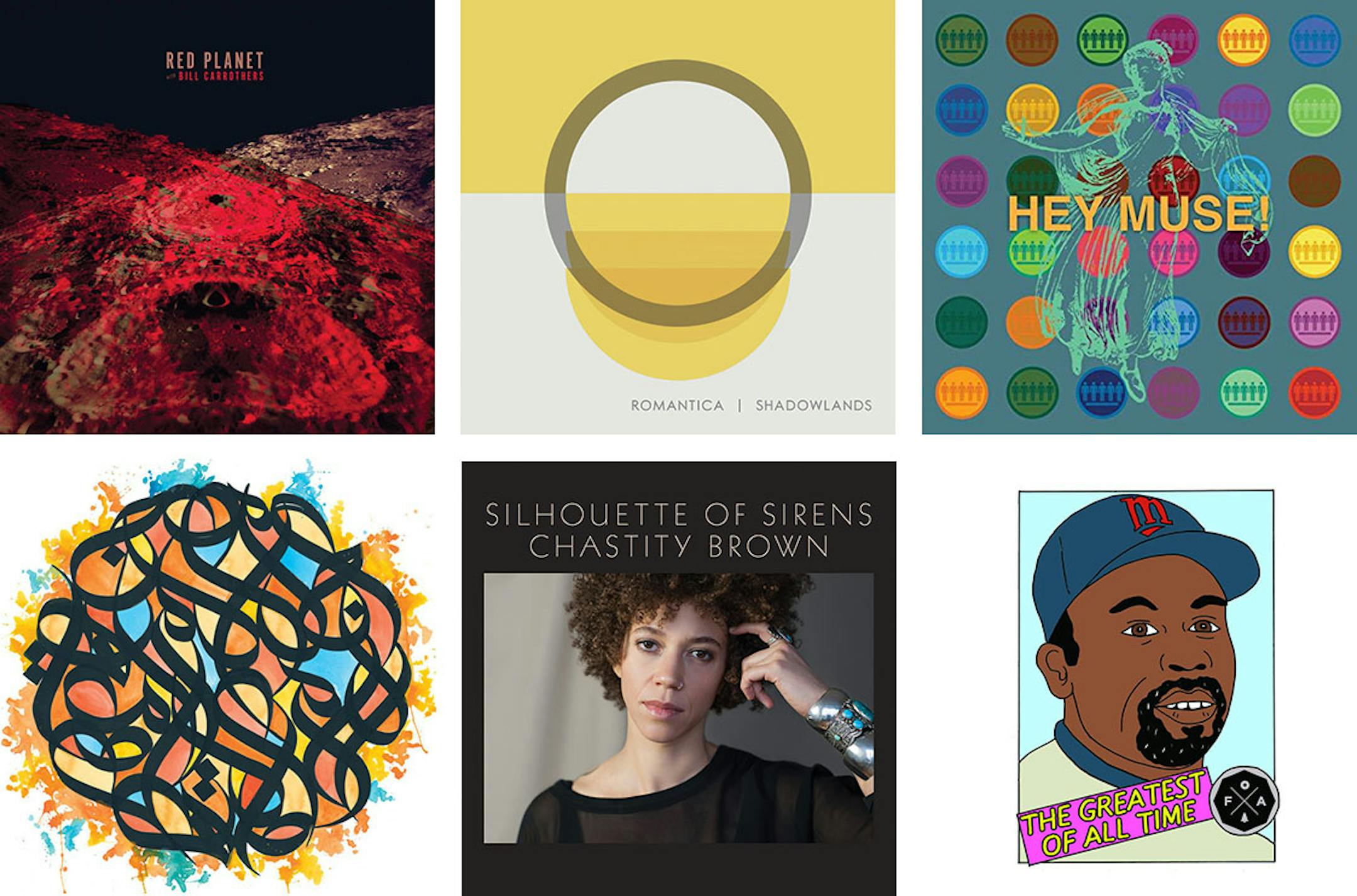 Minnesota's best albums of the year (so far), clockwise from top left: Red Planet with Bill Carrothers, Romantica, the Suburbs, Forged Artifacts' "The Greatest of All Time, Vol. 2," Chastity Brown and Brother Ali.