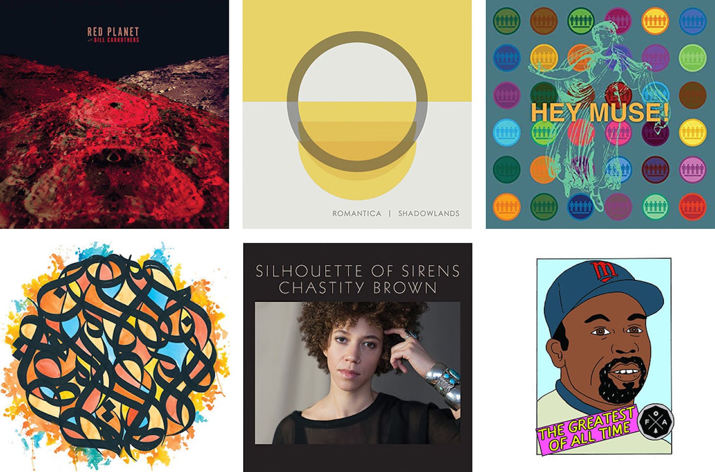 Minnesota's best albums of the year (so far), clockwise from top left: Red Planet with Bill Carrothers, Romantica, the Suburbs, Forged Artifacts' "The Greatest of All Time, Vol. 2," Chastity Brown and Brother Ali.