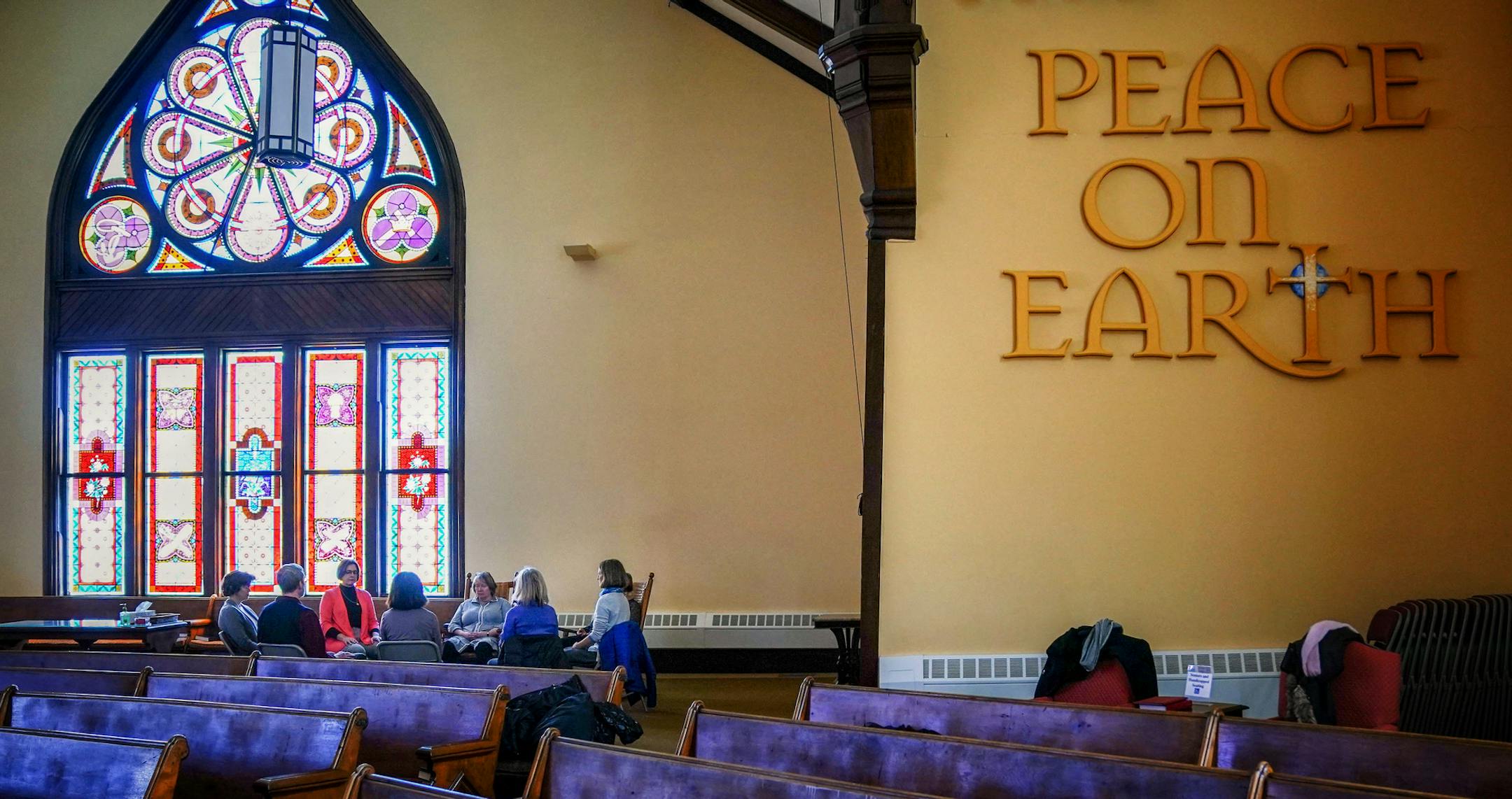 Members of prayer group that meets four days a week gather for what they call centering prayer, silent prayer/contemplation in the church sanctuary of First United Church of Christ. ] GLEN STUBBE ï glen.stubbe@startribune.com Thursday, April 5, 2018