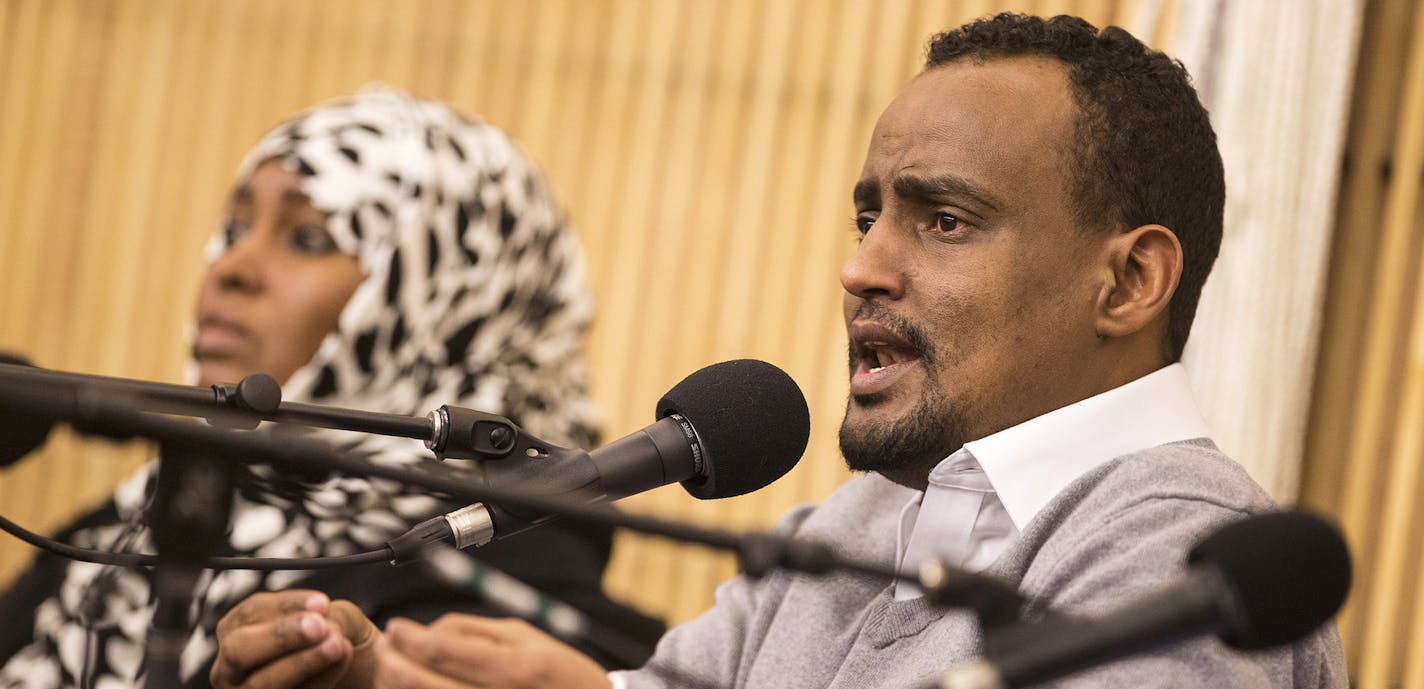 Haji Yusuf, a Somali-American community advocate in St. Cloud, participates in a forum discussion entitled "Muslims in Minnesota: A community conversation" held by Minnesota Public Radio at St. Cloud Library on Thursday, January 28, 2016. ] (Leila Navidi/Star Tribune) leila.navidi@startribune.com ORG XMIT: MIN1601291027322369