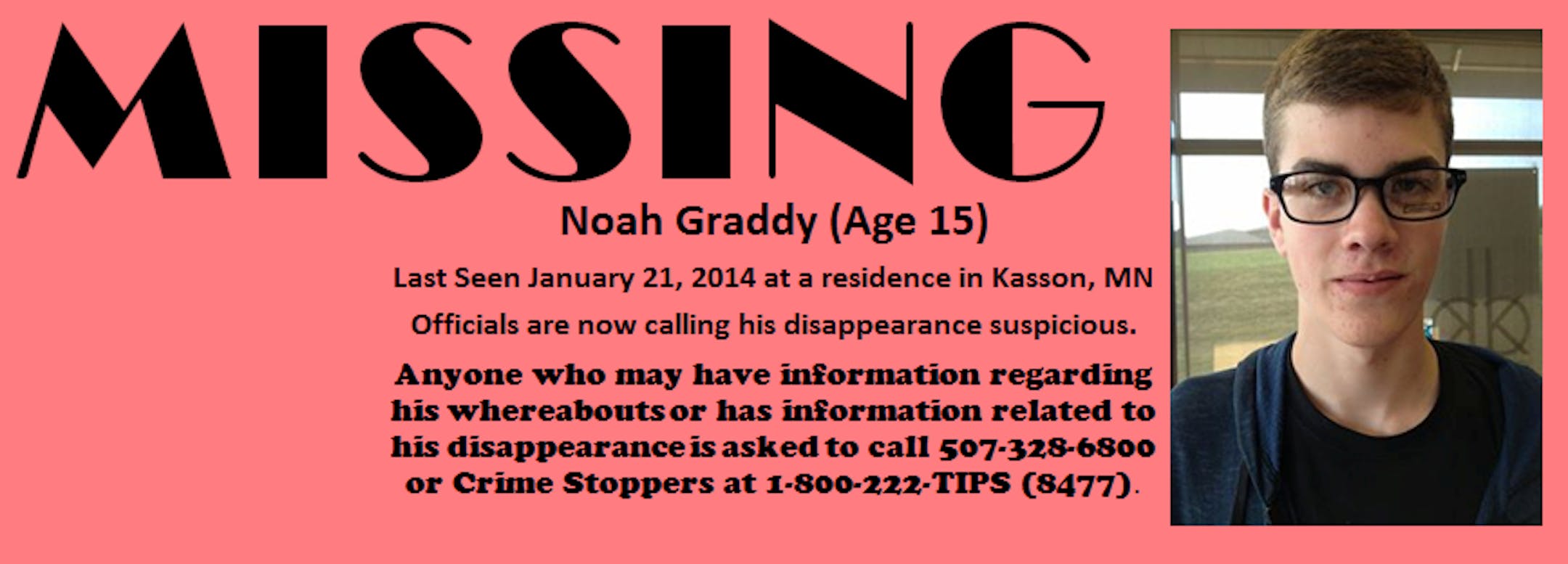 This notice was distributed while Noah S. Graddy was missing.