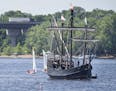 The Niña, right, and Pinta sailed up the St. Croix River toward the city of Hudson's docks in 2016. The ships will not be coming to Hudson this seaso
