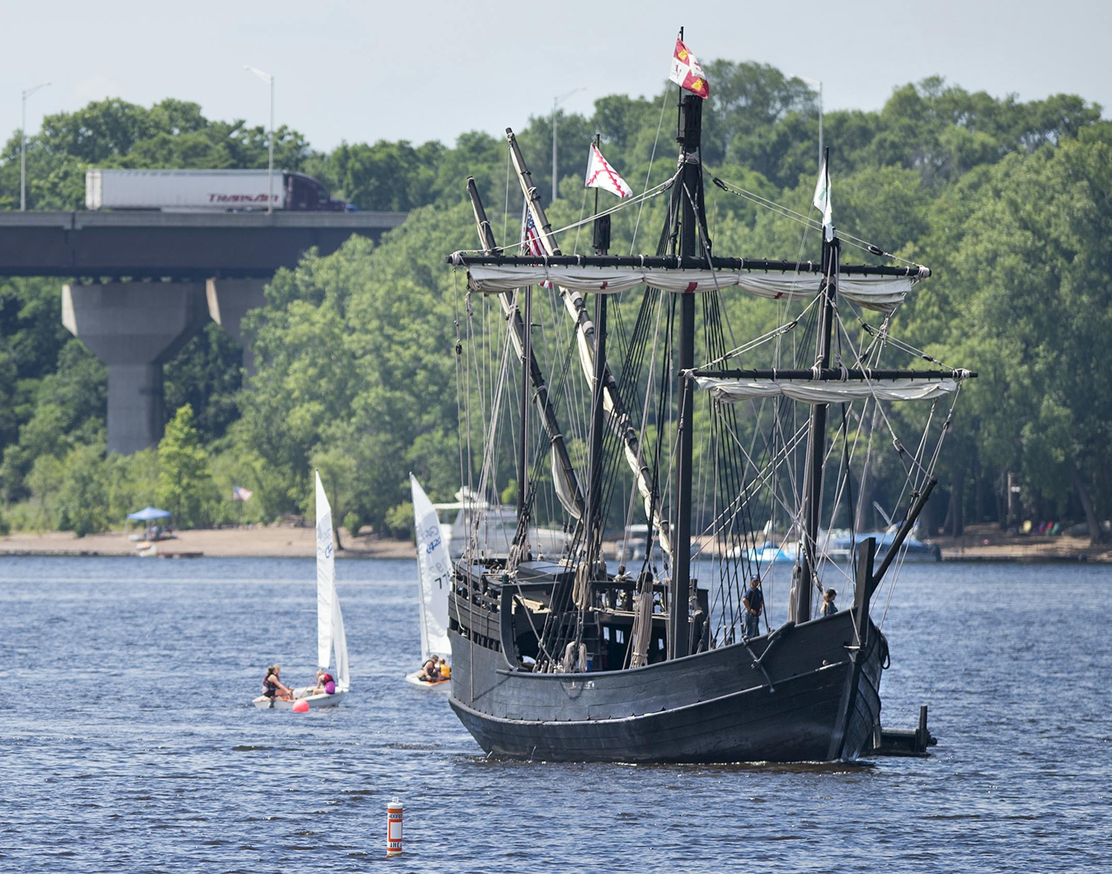 The Niña, right, and Pinta sailed up the St. Croix River toward the city of Hudson's docks in 2016. The ships will not be coming to Hudson this season due to flooding.