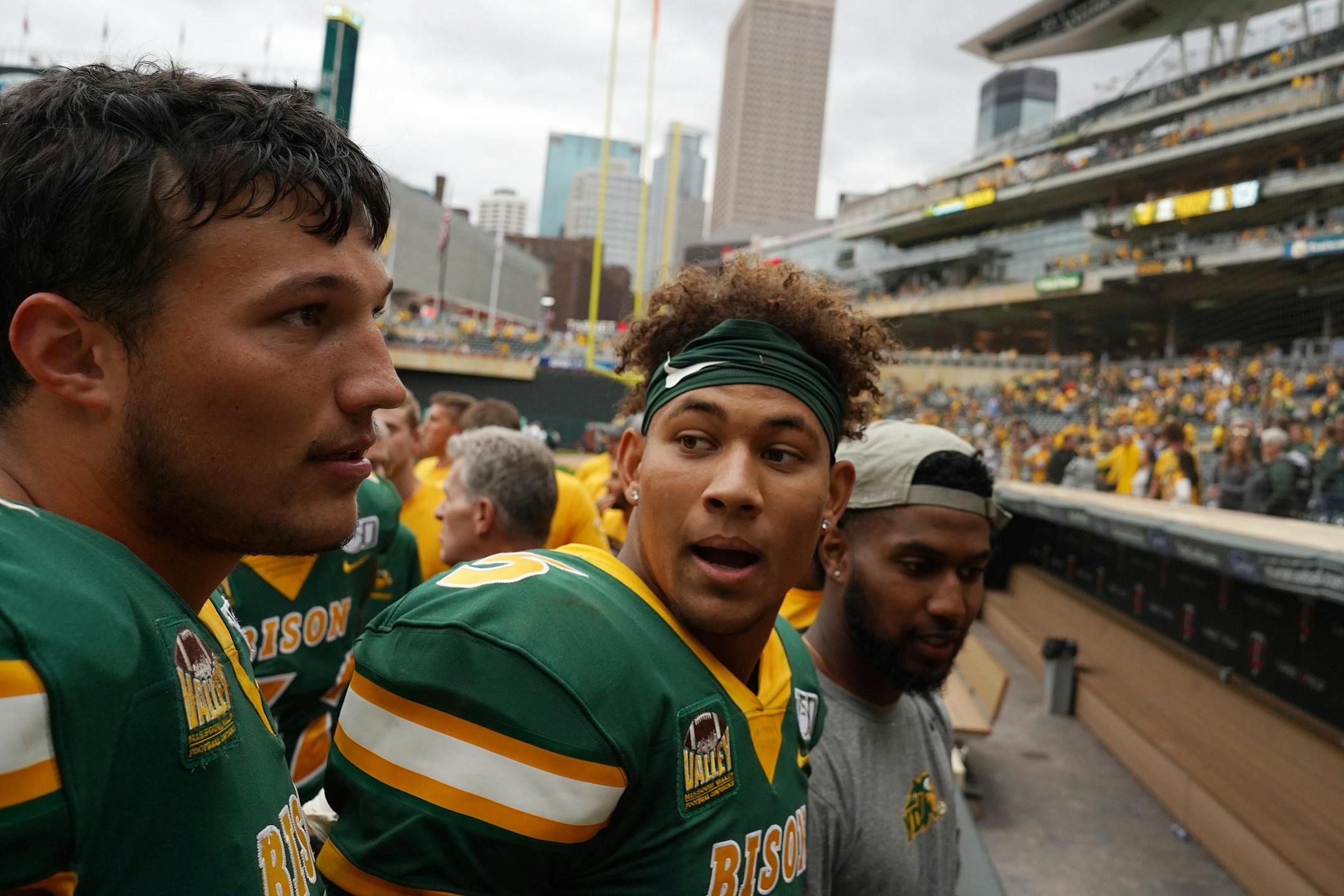 North Dakota State Bison quarterback Trey Lance (5) walked off the field with his team into the locker room at the end of the second half.
