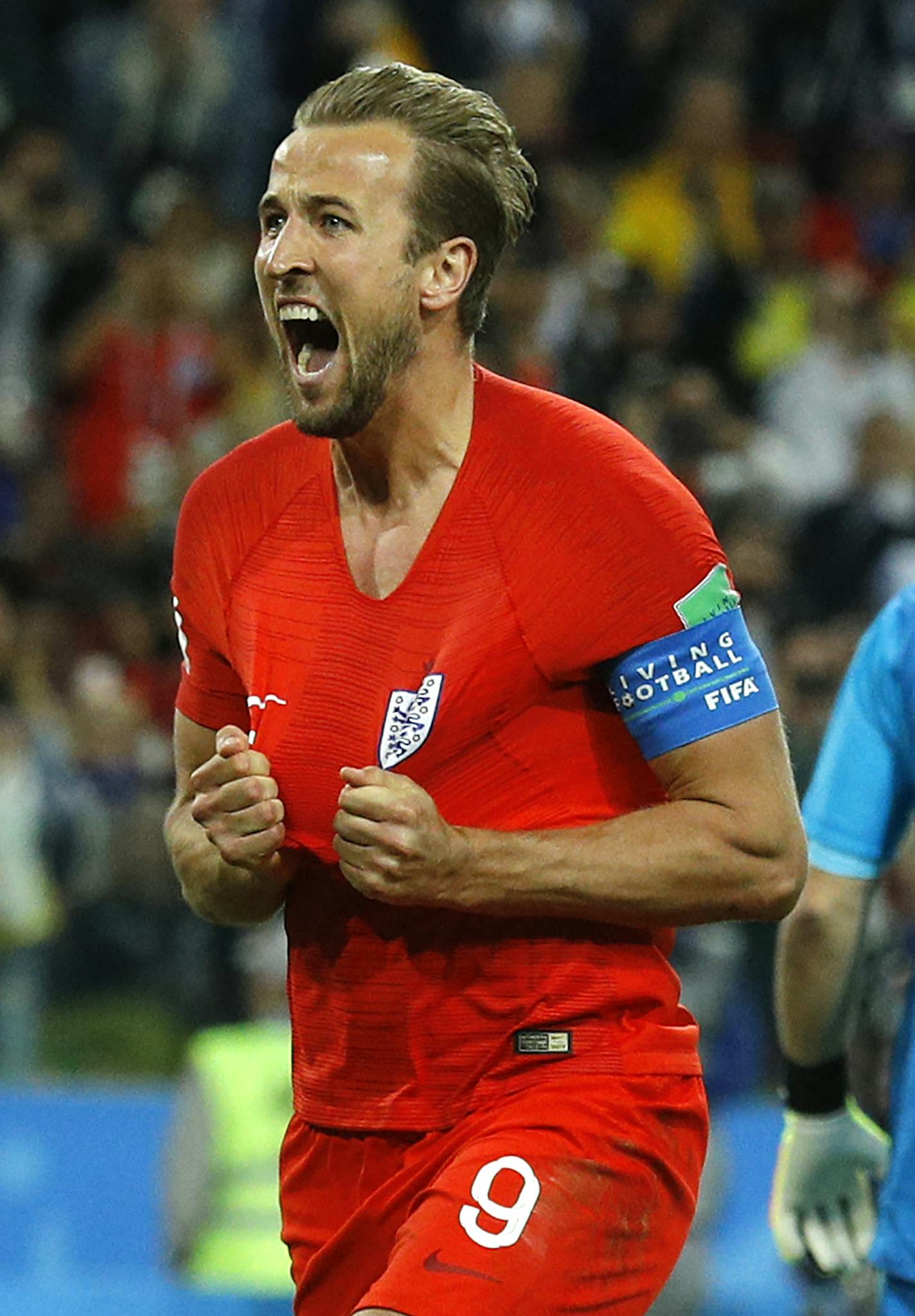 England's Harry Kane celebrates after scoring his side's first goal during the round of 16 match between Colombia and England at the 2018 soccer World Cup in the Spartak Stadium, in Moscow, Russia, Tuesday, July 3, 2018. (AP Photo/Victor R. Caivano)