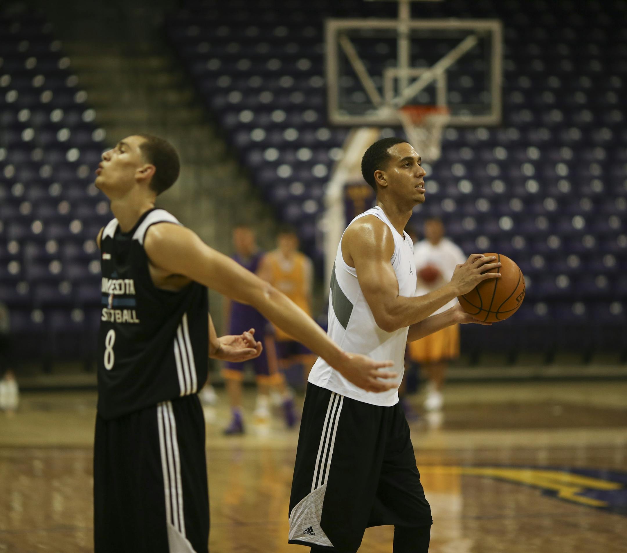 With rookie Zach LaVine at left, Kevin Martin practiced shooting after the Timberwolves workout Tuesday afternoon at Bresnan Arena in Taylor Center in Mankato. ] JEFF WHEELER ‚Ä¢ jeff.wheeler@startribune.com After a midnight scrimmage Monday night, the Minnesota Timberwolves worked out Tuesday afternoon, September 29, 2014 at Bresnan Arena in Taylor Center on the campus of Minnesota State University, Mankato.