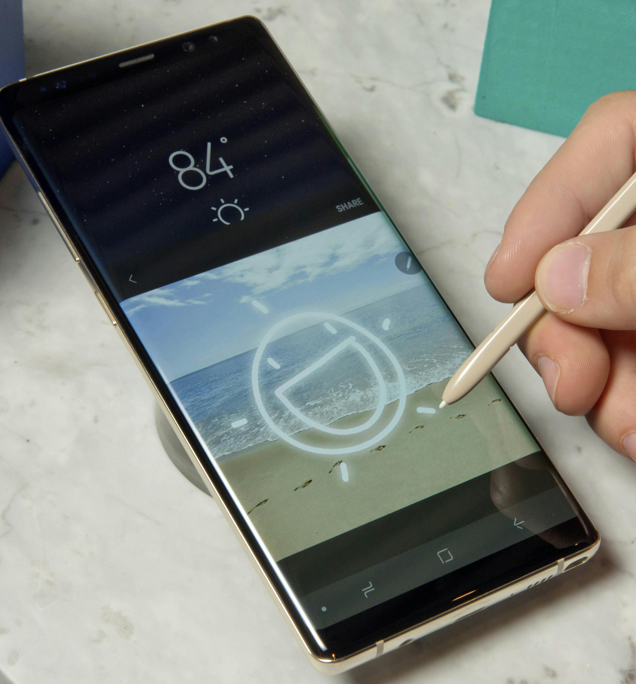This Aug. 16, 2017, photo, shows a Samsung Galaxy Note 8 and accompanying stylus on display, in New York. Samsung is trying to move past last year’s explosive Galaxy Note 7 launch with a successor sporting a dual-lens camera, animated messages, expanded note-taking and lower battery capacity. The Galaxy Note 8 will go on sale Sept. 15, 2017. (AP Photo/Richard Drew)