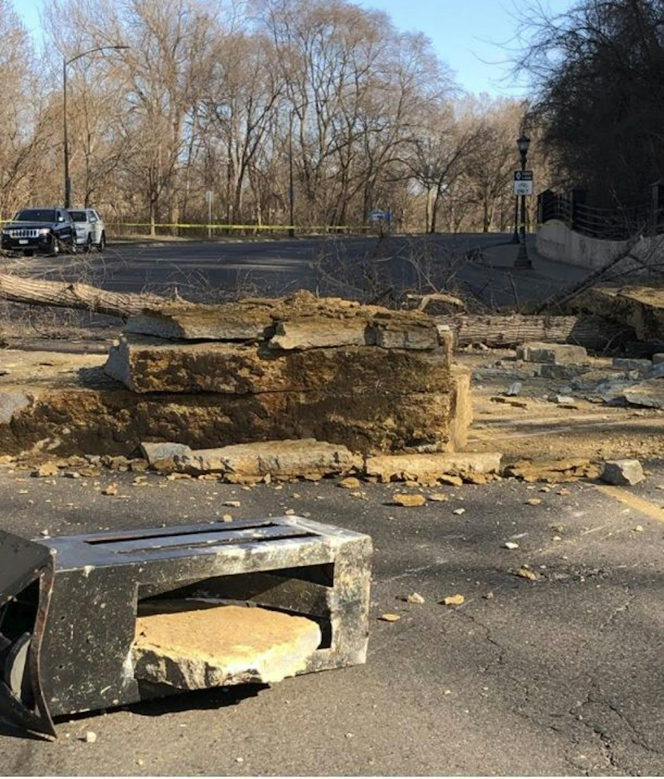 Rocks slid on the street just south of Plato Boulevard. Photo courtesy St. Paul Police Department