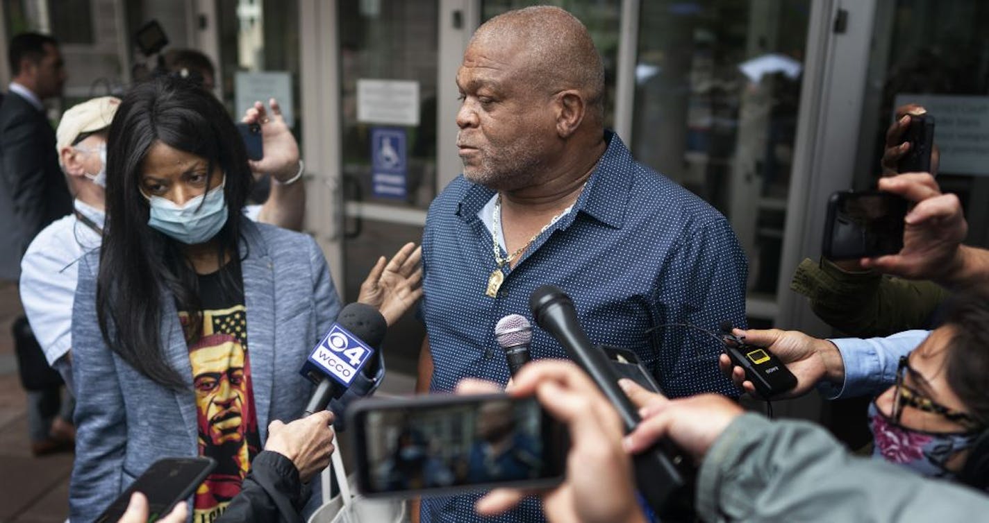 George Floyd's aunt Angela Harrelson of Minneapolis, left, and his uncle Selwyn Jones of Gettysburg, S.D., spoke at a news conference outside the Hennepin County Public Safety Facility on Monday, June 29.