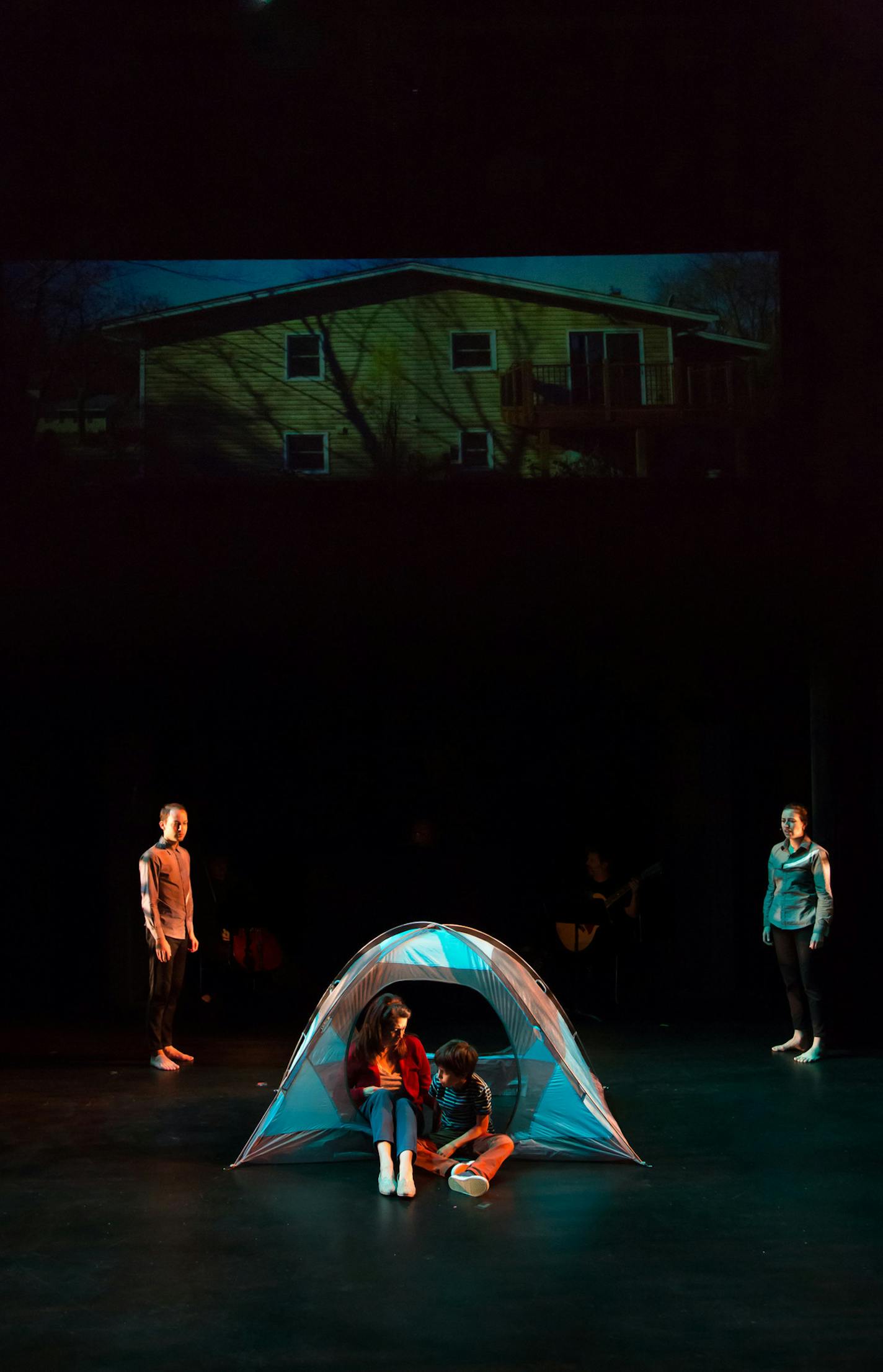 Young Albert (Alejandro Vega) finds refuge in his backyard tent with his mom, Lara Trujillo, in &#x201c;The Passage, or What Comes of Searching in the Dark.&#x201d; Also pictured: Grant Sorenson and Cat Brindisi.