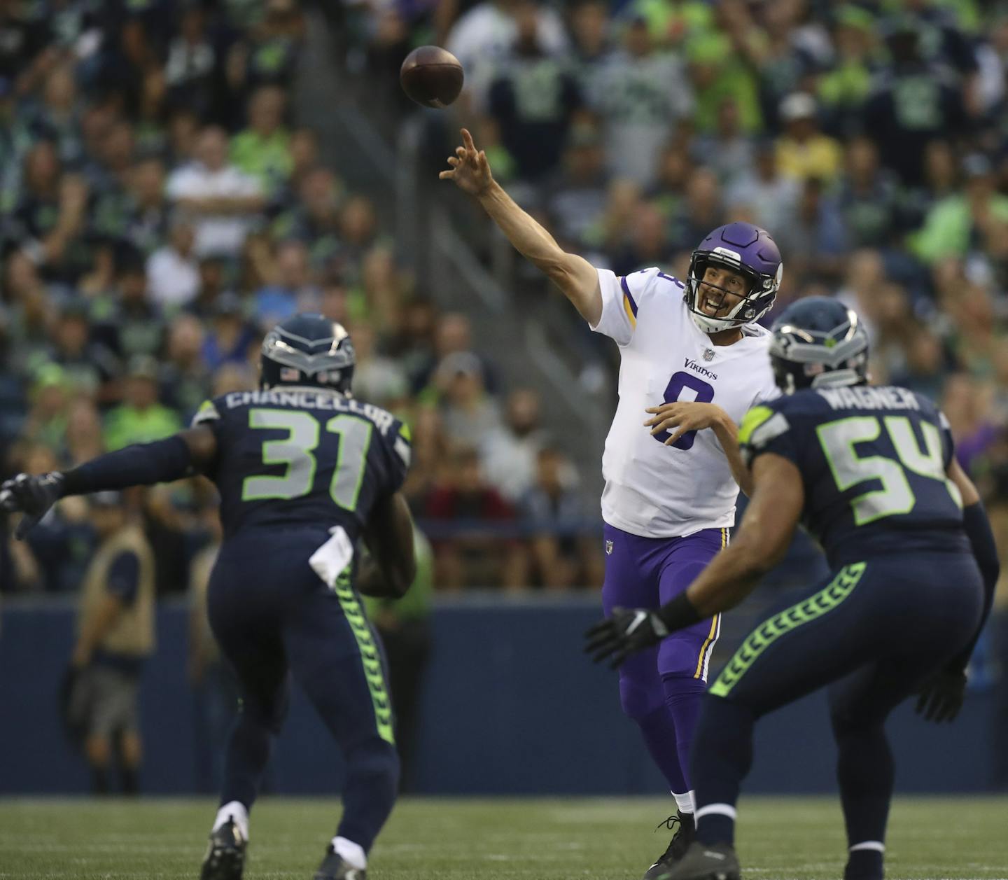 Vikings quarterback Sam Bradford (8) threw a completion in the second quarter. ] JEFF WHEELER &#xef; jeff.wheeler@startribune.com The Minnesota Vikings faced the Seattle Seahawks in a preseason NFL game Friday night, August 18, 2017 at CenturyLink Field in Seattle.