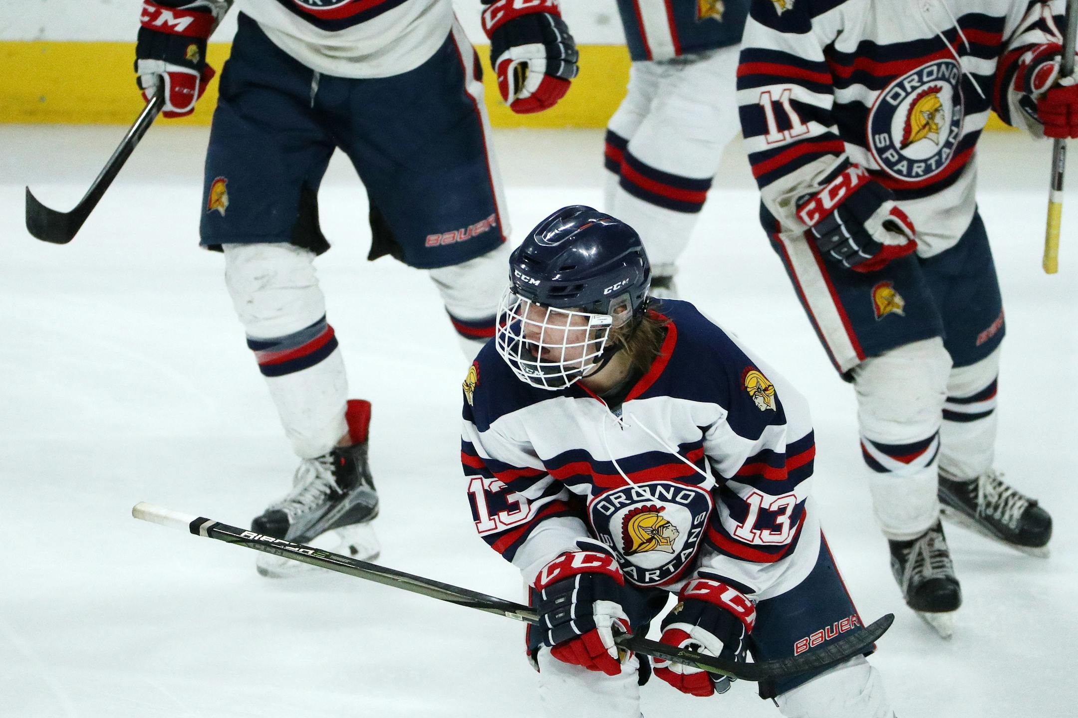 Orono High School forward Landon Wittenberg (13) celebrated with his teammates after scoring in the third period. ] ANTHONY SOUFFLE � anthony.souffle@startribune.com Alexandria Area High School played Orono High School in an MSHSL Class 1A boys hockey championship game Saturday, March 10, 2018 at the Xcel Energy Center in St. Paul, Minn.