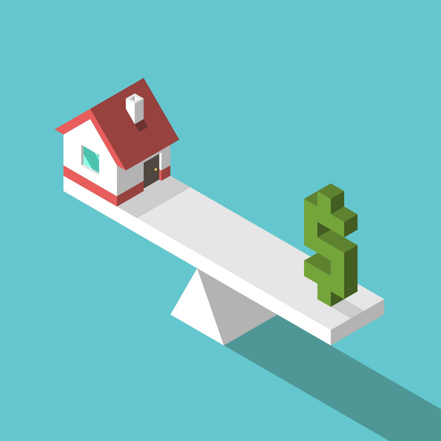 iStock
Isometric small house and green dollar sign on weight scales. Balance, price, real estate and home concept.