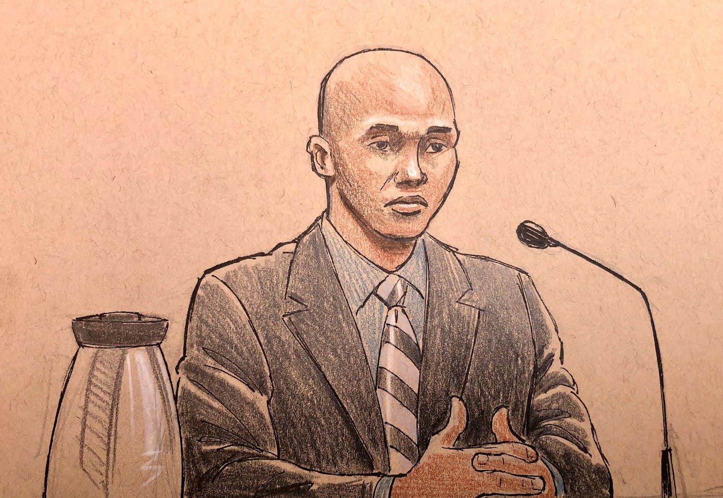 This courtroom sketch depicts former Minneapolis police officer Mohamed Noor, on the witness stand Thursday, April 25, 2019, in Minneapolis, Minn., during his trial in the fatally shooting of an unarmed Australian woman, Justine Ruszczyk Damond, in July 2017 after she called 911 to report a possible sexual assault behind her home. Noor testified Thursday about his training for possible ambushes, saying he learned that reacting too late "means ... you die."