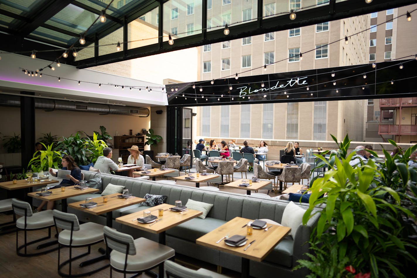 The open-air dining area of Blondette, the latest of Daniel del Prado's restaurants on the 5th floor of the Rand Tower. photographed Tuesday evening, May 16, 2023 in Minneapolis.   ]  JEFF WHEELER • jeff.wheeler@startribune.com