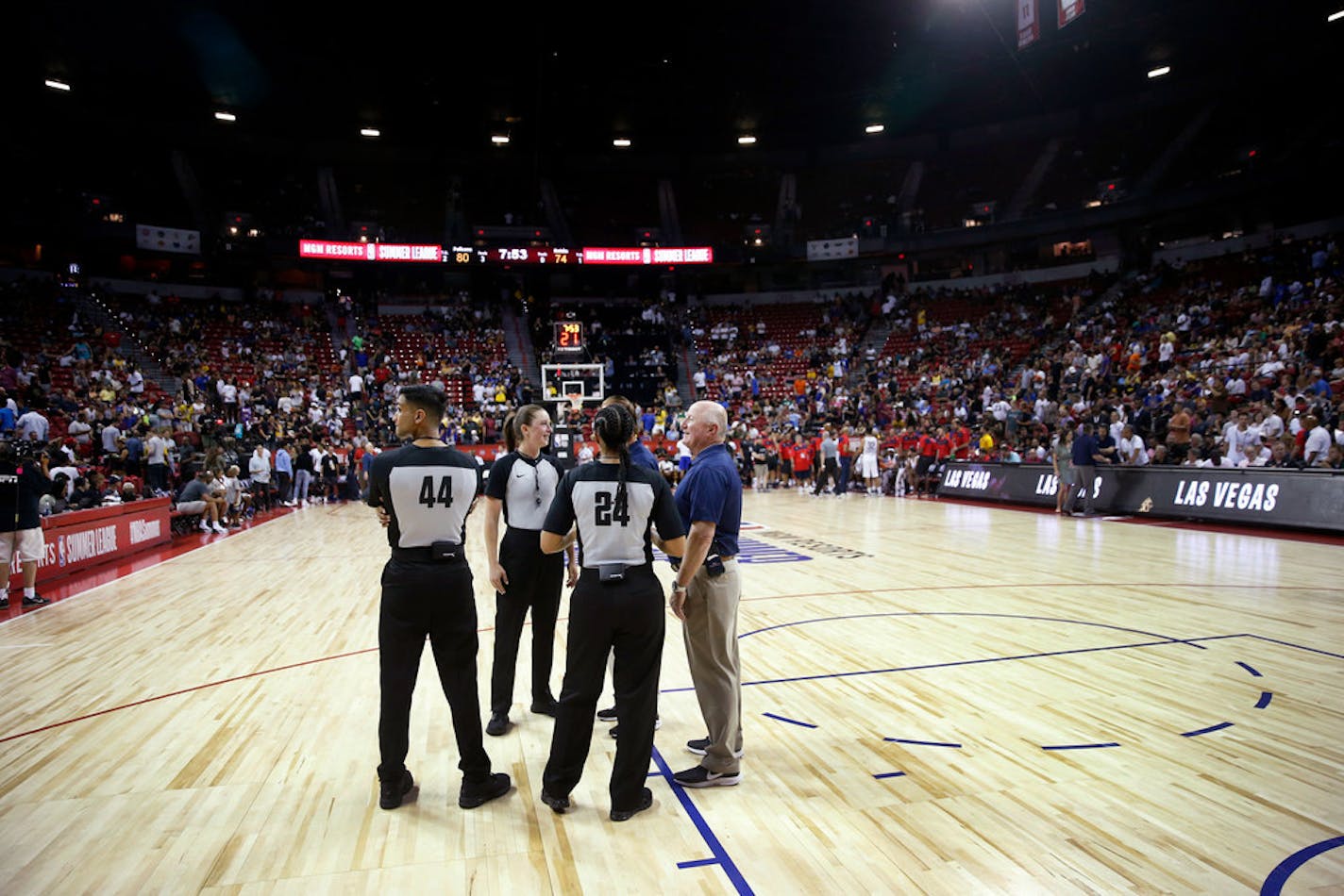 Officials confer after an NBA summer league basketball game between the New York Knicks and the New Orleans Pelicans was stopped following an earthquake Friday, July 5, 2019, in Las Vegas.