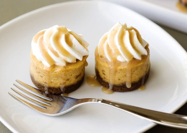 There will be plenty of room for these desserts -- Mini-Pumpkin Cheesecakes. The recipe is courtesy of BakedBree.com via Bettycrocker.com.