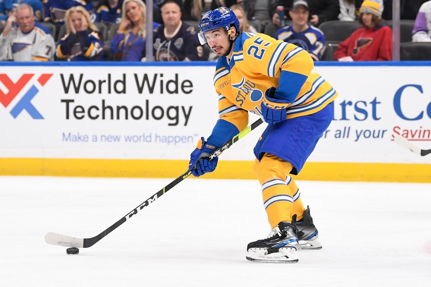 St. Louis Blues' Jordan Kyrou in action during the second period of an NHL hockey game against the Colorado Avalanche, Sunday, Dec. 11, 2022, in St. Louis. (AP Photo/Jeff Le)