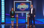 Mayim Bialik and Eric Ahasic on set of “Jeopardy.”