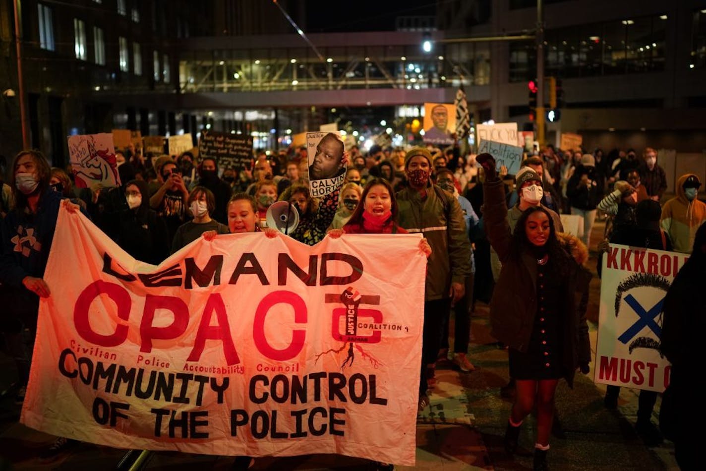 Demonstrators angry with the release of fired Minneapolis police officer Derek Chauvin marched Thursday night in downtown Minneapolis after rallying at the Hennepin County Government Center.