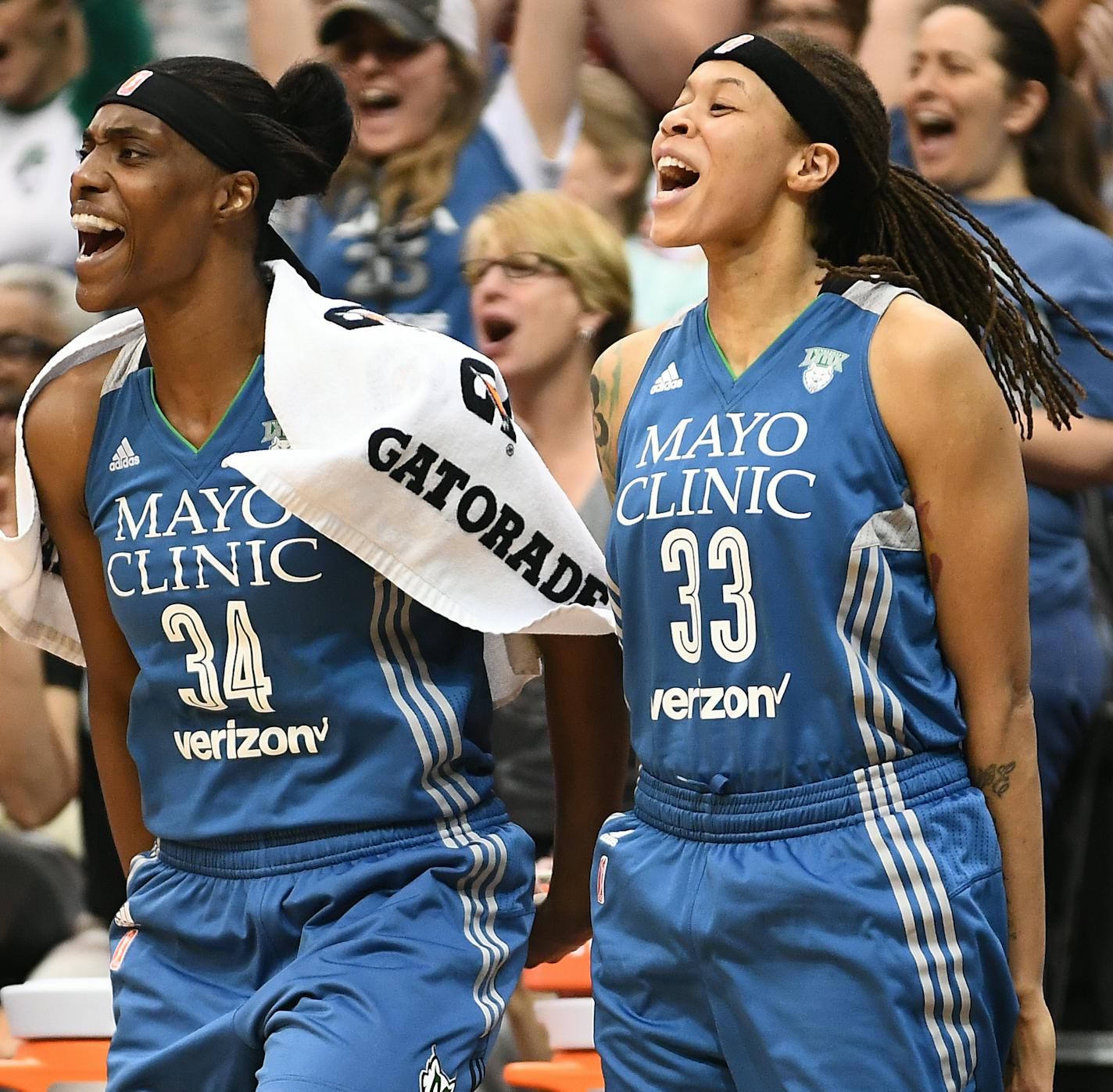 Minnesota Lynx center Sylvia Fowles (34) and guard Seimone Augustus (33) celebrated a 2-point shot by guard Jia Perkins (7) in the first half Tuesday. ] (AARON LAVINSKY/STAR TRIBUNE) aaron.lavinsky@startribune.com The Minnesota Lynx play the Phoenix Mercury on Tuesday, June 7, 2016 at Target Center in Minneapolis, Minn.