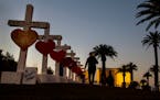 A row of wooden crosses off Las Vegas Boulevard bears the names of those killed during the Oct. 1, 2017, mass shooting in the city.