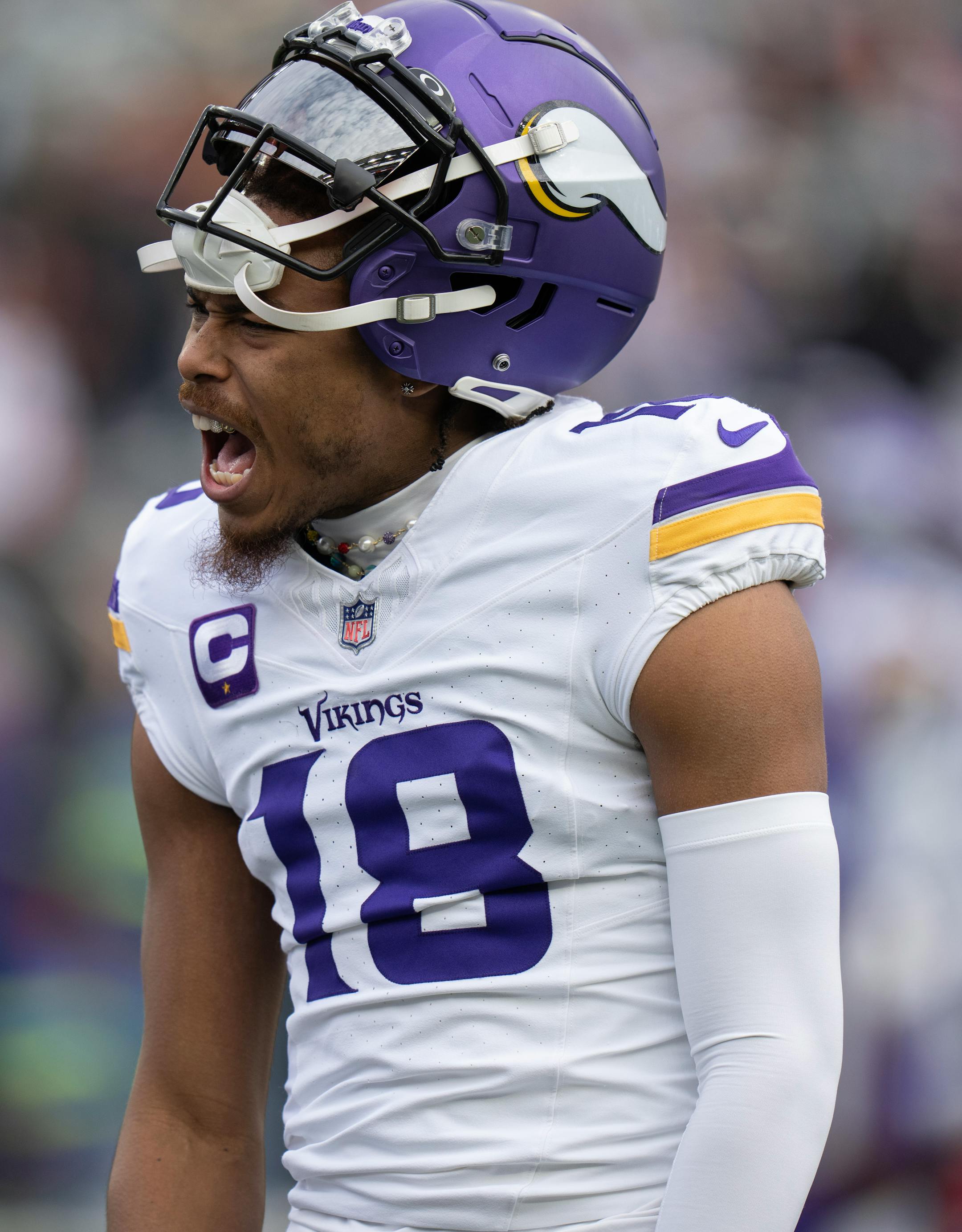Minnesota Vikings wide receiver Justin Jefferson (18) during warmups Saturday December ,16 ,2023 in,Cincinnati, OH. ] JERRY HOLT • jerry.holt@startribune.com