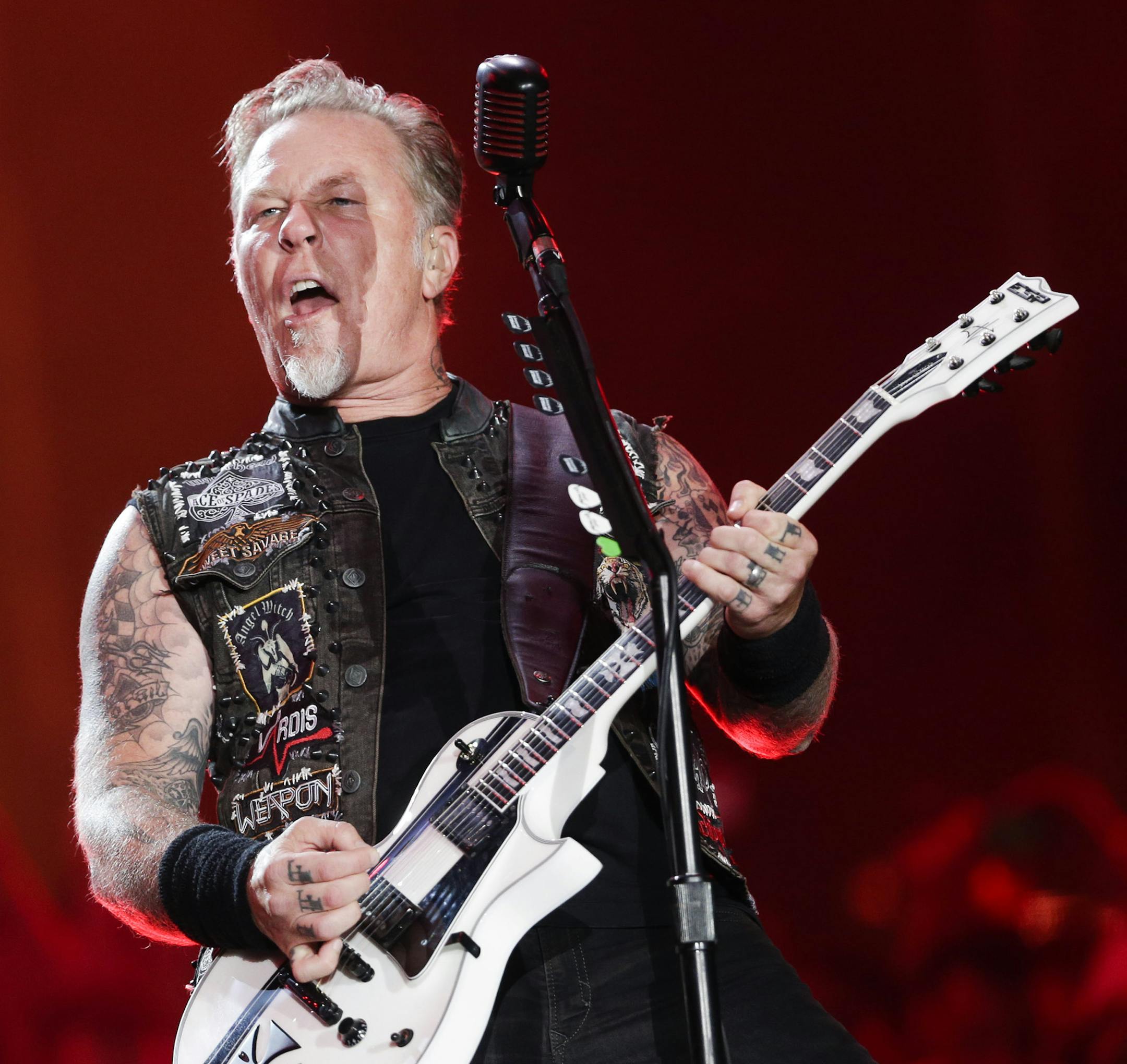 James Hetfield of Metallica performs at the Rock in Rio music festival in Rio de Janeiro, Brazil, early Sunday, Sept. 20, 2015. (AP Photo/Felipe Dana) ORG XMIT: XFD123