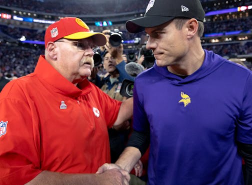 Kansas City Chiefs Andy Reid and Minnesota Vikings head coach Kevin O'Connell shake hands at the end of the game Sunday, October 8, 2023, at U.S. Bank Stadium in Minneapolis, Minn.  ] CARLOS GONZALEZ • carlos.gonzalez@startribune.com