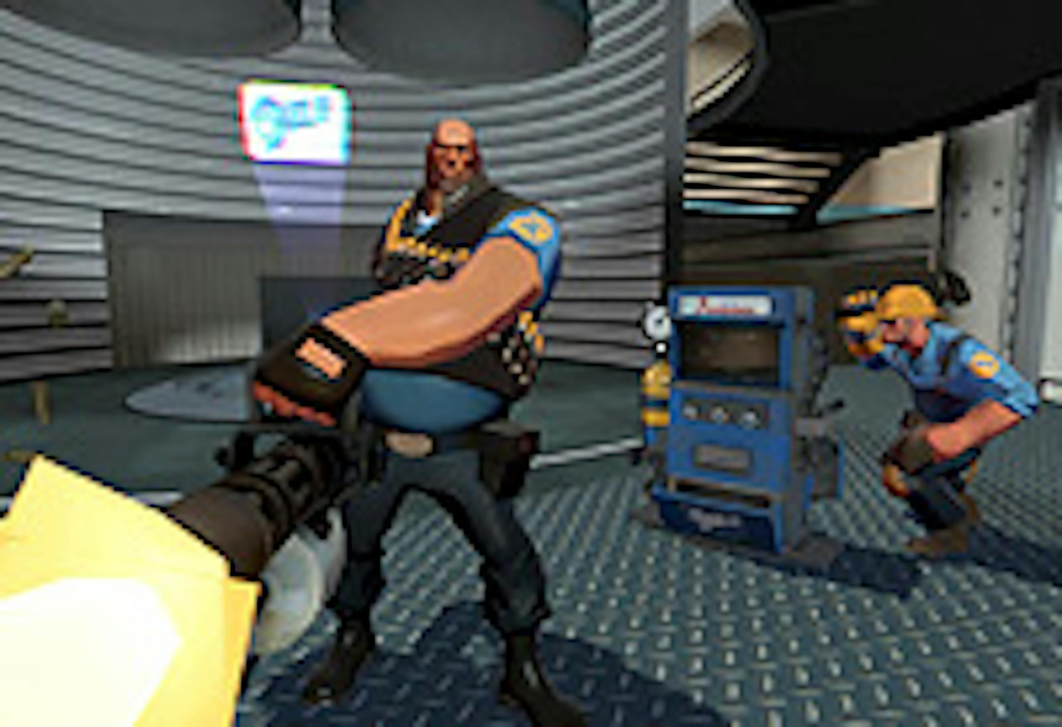 Two combatants in "Team Fortress 2." The game is one of five packaged in "The Orange Box."