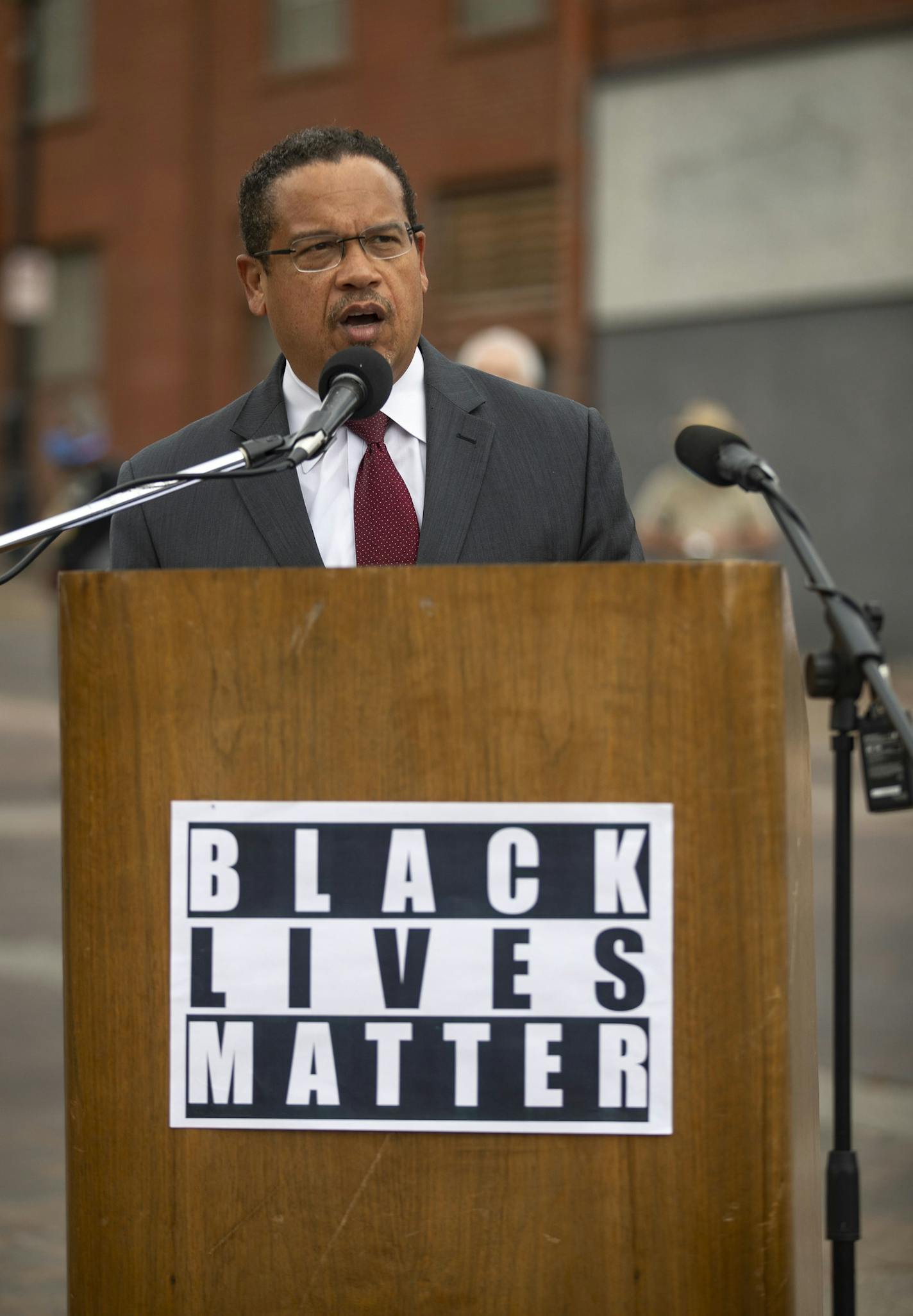 Minnesota Attorney General Keith Ellison spoke to a crowd in front of the Clayton Jackson McGhie Memorial on Monday in Duluth. ] ALEX KORMANN • alex.kormann@startribune.com June 15, 2020 marked the 100 year anniversary of the lynching of Elias Clayton, Elmer Jackson and Isaac McGhie in Duluth. The trio were falsely accused of raping a white woman and paid with their lives. A century later, the community came together to host a cook out at the memorial that was built in their honor. Governor Tim