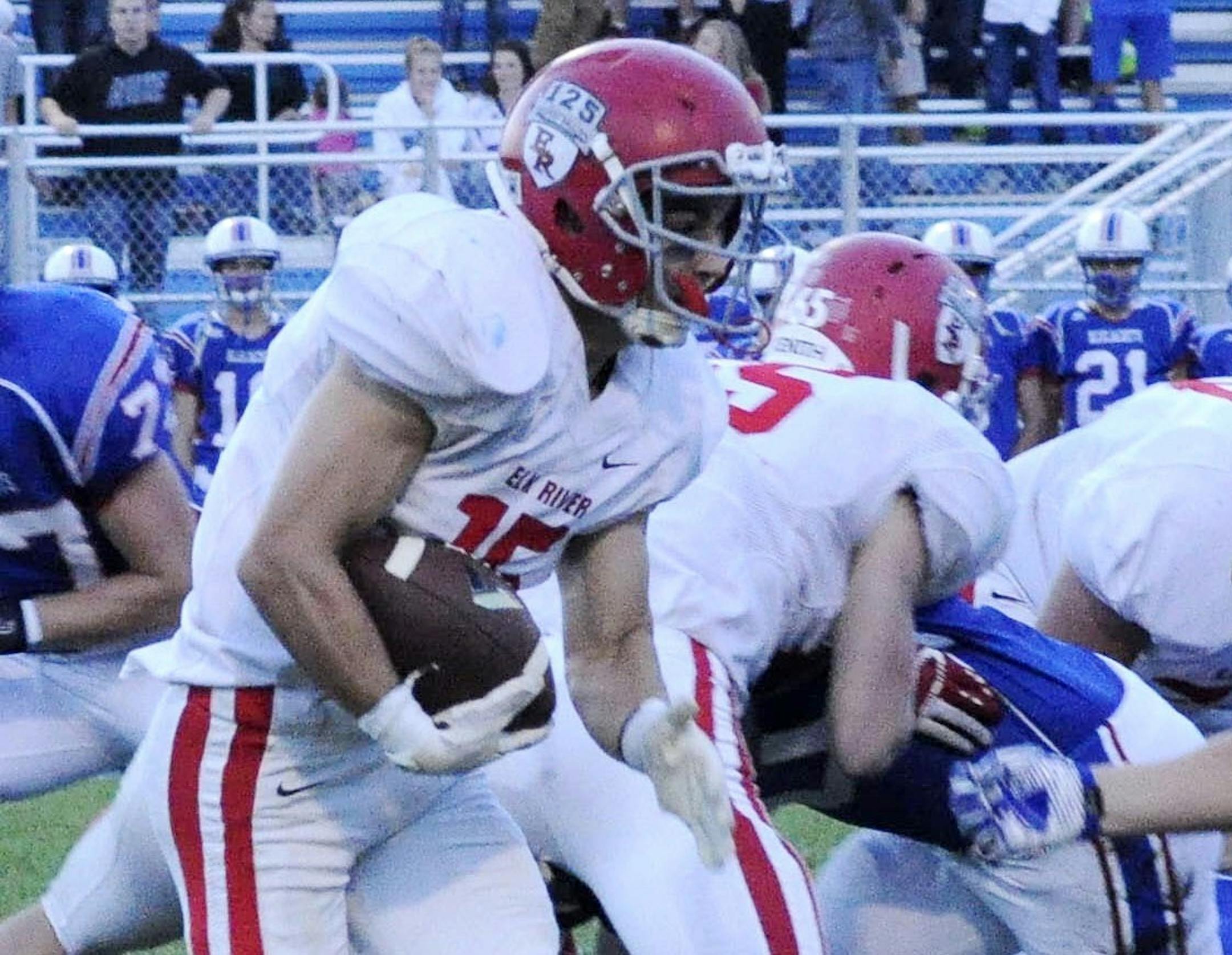 Elk River senior Sam Gibas rushed for 105 yards and two touchdowns against St. Michael-Albertville. Playing outside linebacker on defense, he came up with six tackles, including two for loss, a sack and a forced fumble.