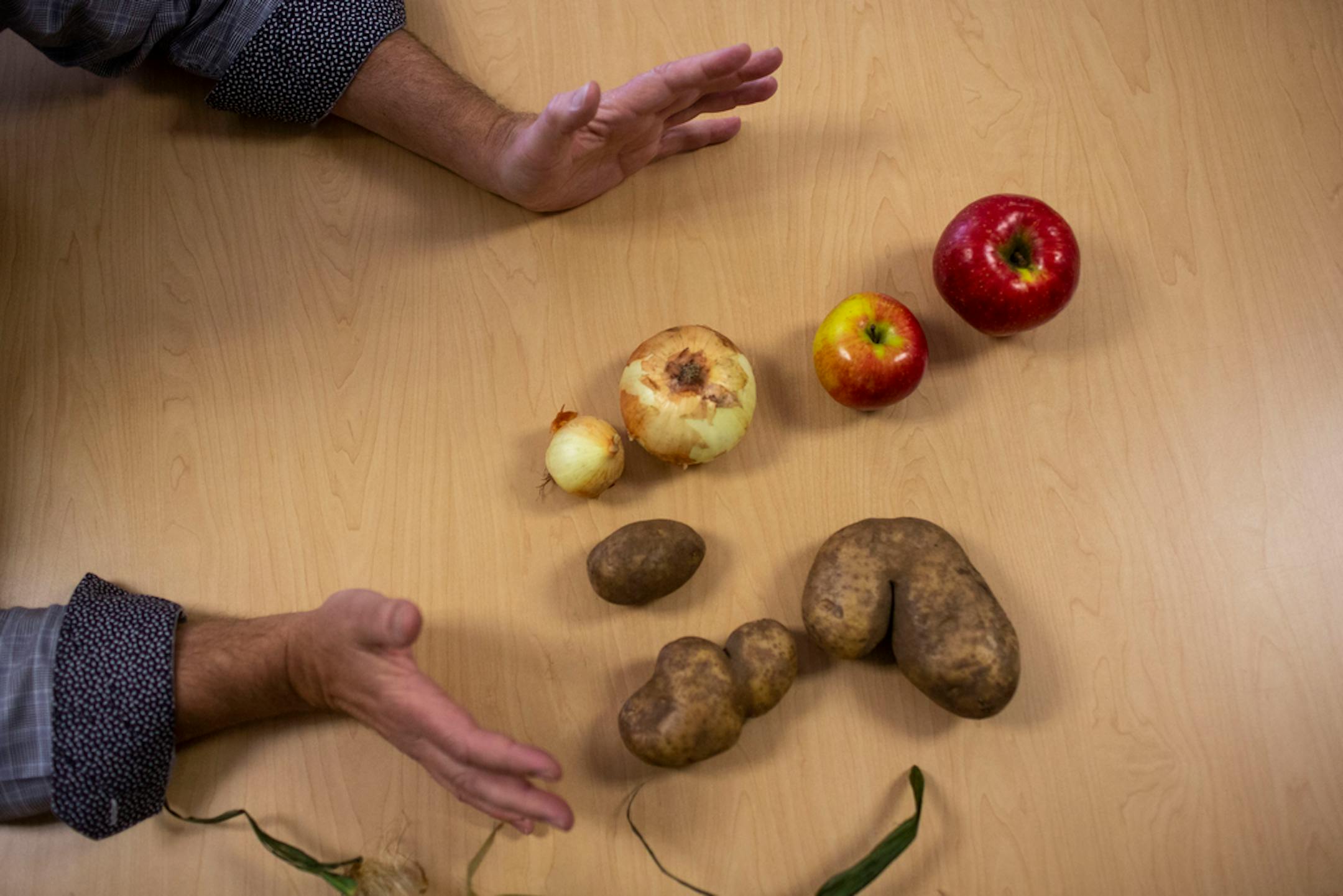 Bob Branham displayed produce that was safe and edible but too "cosmetically challenged" to be sold commercially.