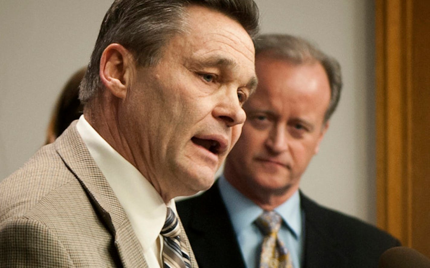 Senator Warren Limmer, right, looked on as Rep. Glenn Gruenhagen cited studies saying "there is no gay gene"  as one of the reasons he opposes a same-sex marriage bill.  Wednesday, February 27, 2013.    ]   GLEN STUBBE * gstubbe@startribune.com