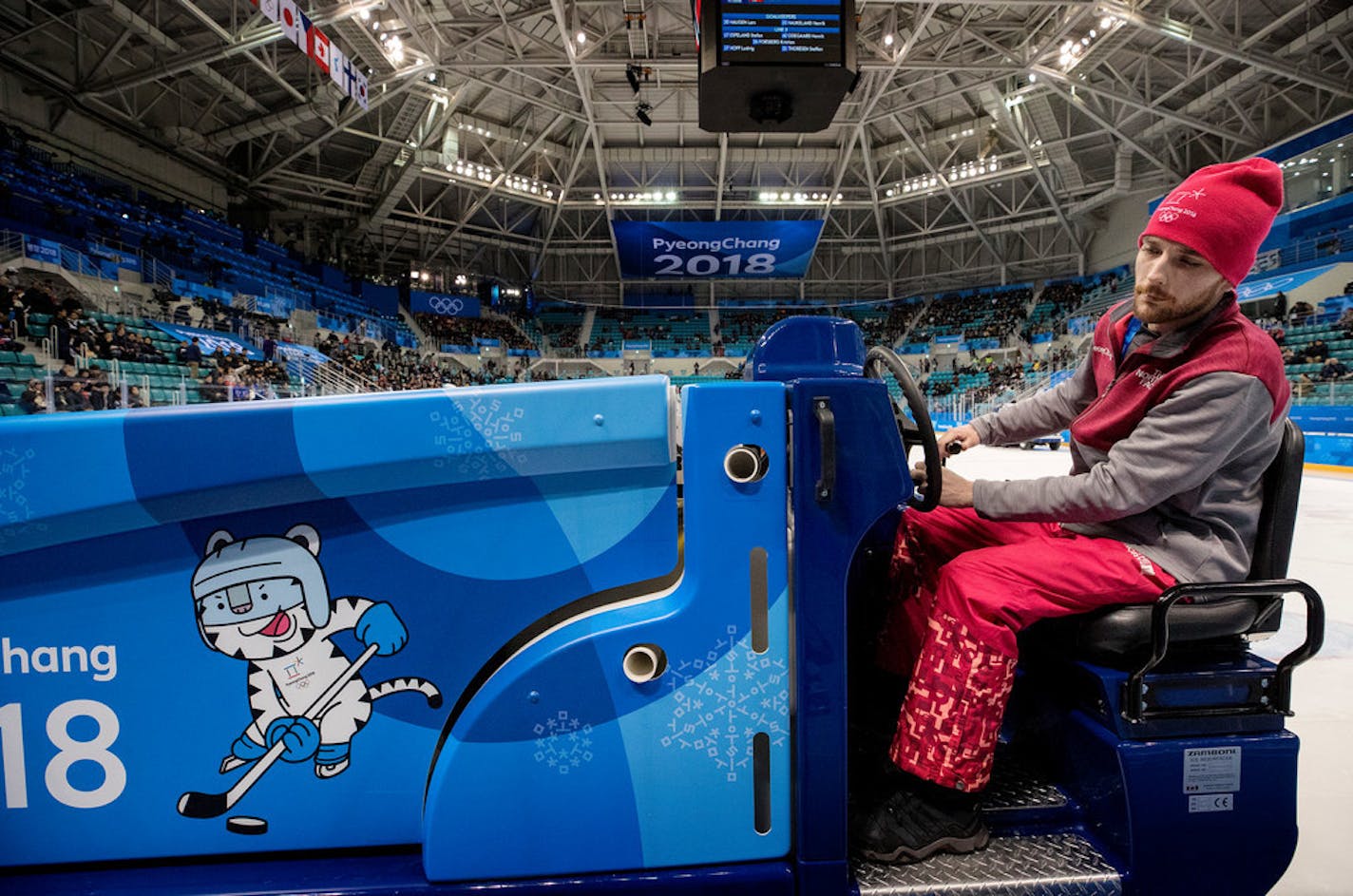 Ryan Hevern, 26, of Coon Rapids, drove a Zamboni at Gangneung Hockey Centre at the Pyeongchang Winter Olympics, one of the many Minnesota ice-making experts at work at the Games.