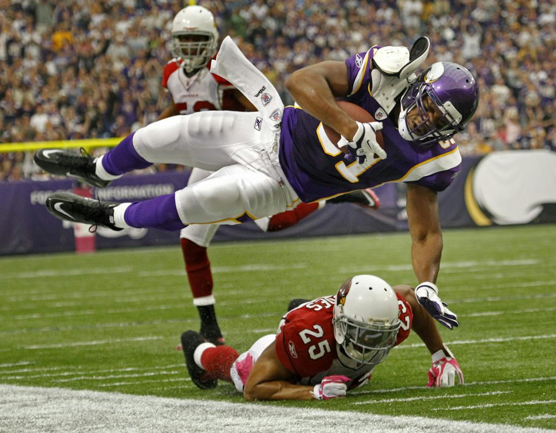Vikings Visanthe Shiancoe is pushed out of bounds by Arizona's Kerry Rhodes after picking up 20 yards and a first down in the 1st quarter. Donovan McNabb scored two plays later.