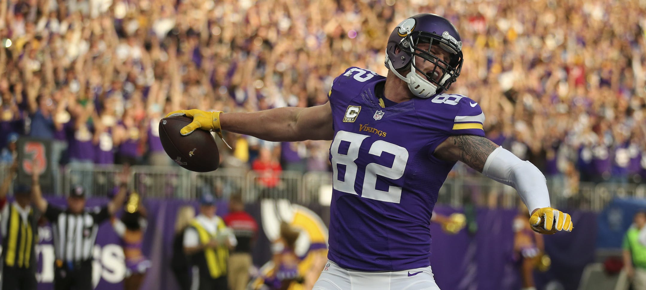 Vikings tight end Kyle Rudolph (82) celebrated his one yard touchdown run in the third quarter. ] JEFF WHEELER &#xef; jeff.wheeler@startribune.com The Minnesota Vikings lost to the Detroit Lions 22-16 in overtime of their NFL football game Sunday afternoon, November 6, 2016 at U.S. Bank Stadium in Minneapolis.