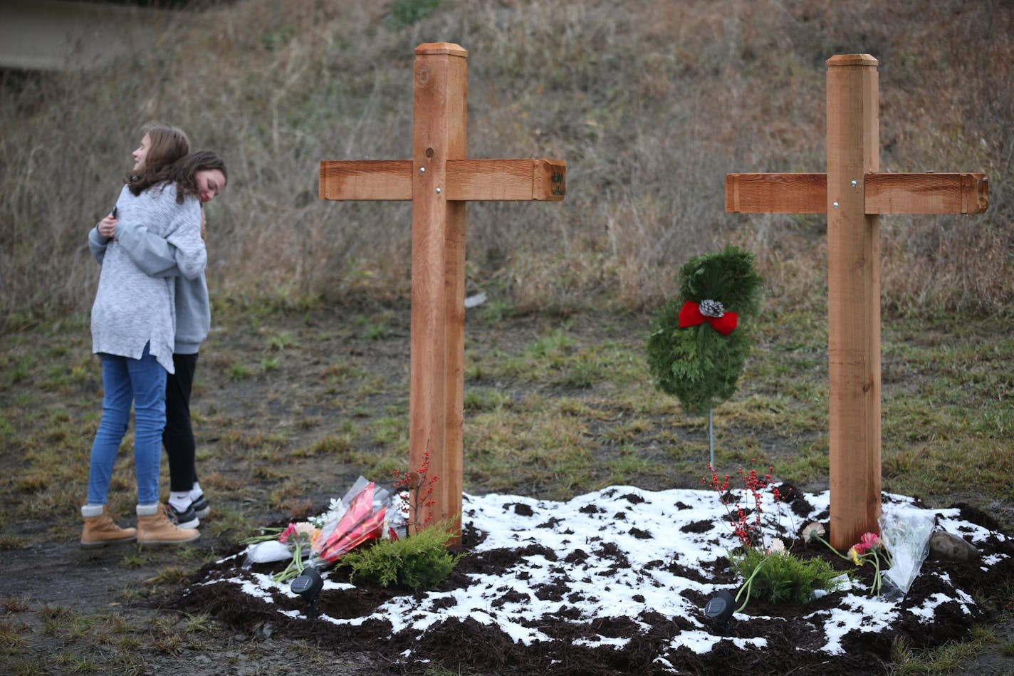 Students from Mounds View High school gathered at the crash scene along hwy 96 where they left memorials for two students that were killed in a traffic accident December 05,2016 in Mounds View, MN.