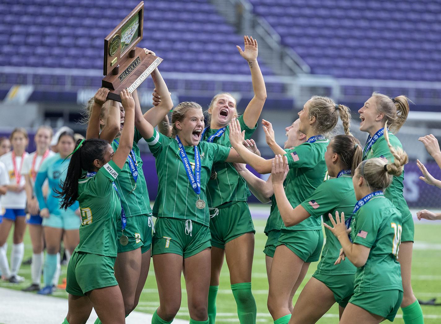 Edina celebrates their 2-1 win over Wayzata for the Championship at the 2023 Minnesota High School State Soccer Tournament in the AAA division at US Bank Stadium in Minneapolis, Minn., on Friday, Nov. 03, 2023. ] Elizabeth Flores • liz.flores@startribune.com