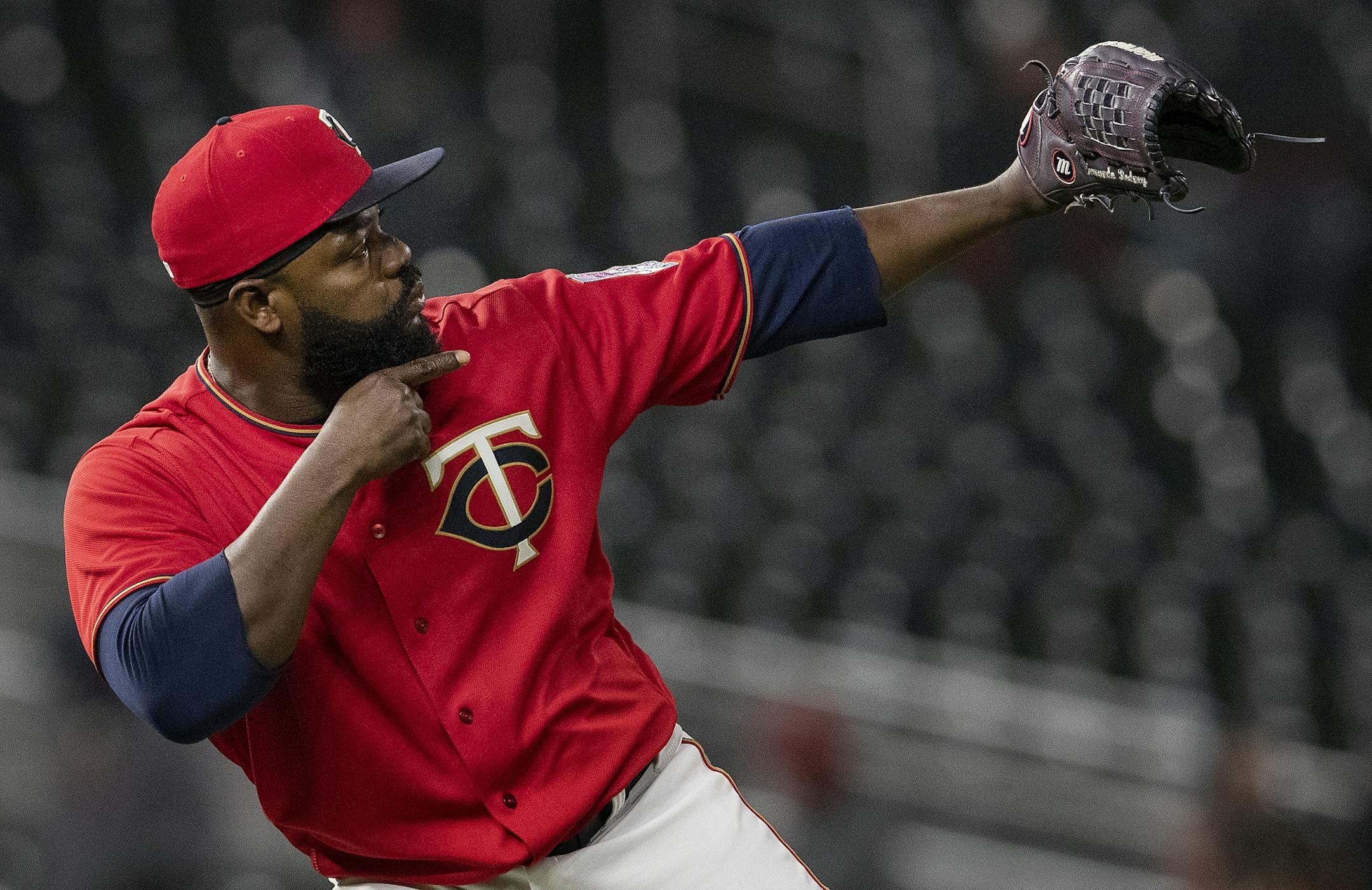 Minnesota Twins closer Fernando Rodney (56) celebrated at the end of the game after earning a save.